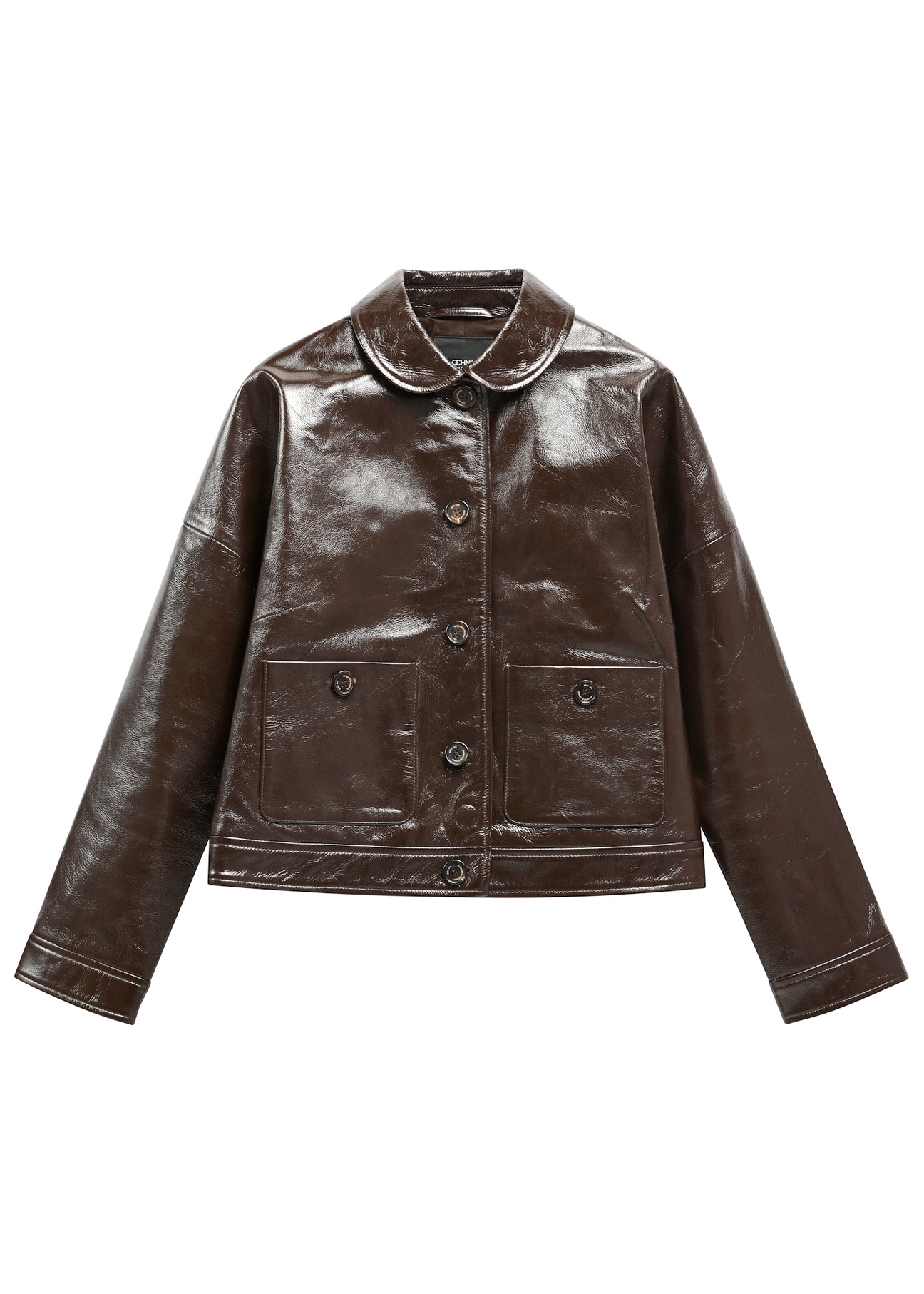 Brown women's leather short jacket KURDS-0593-1I(W26) - front product view, on white background.