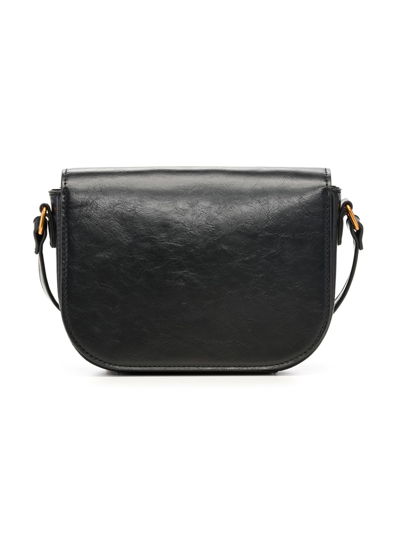 Small black women's messenger bag with a decorative clasp TOREC-1243-9F(Z26) - product view from the back, on a white background.