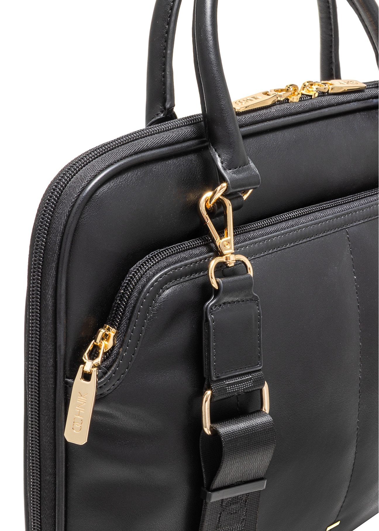 Black women's imitation leather briefcase TOREC-1106-99(Z25), close-up of the product detail on a white background.