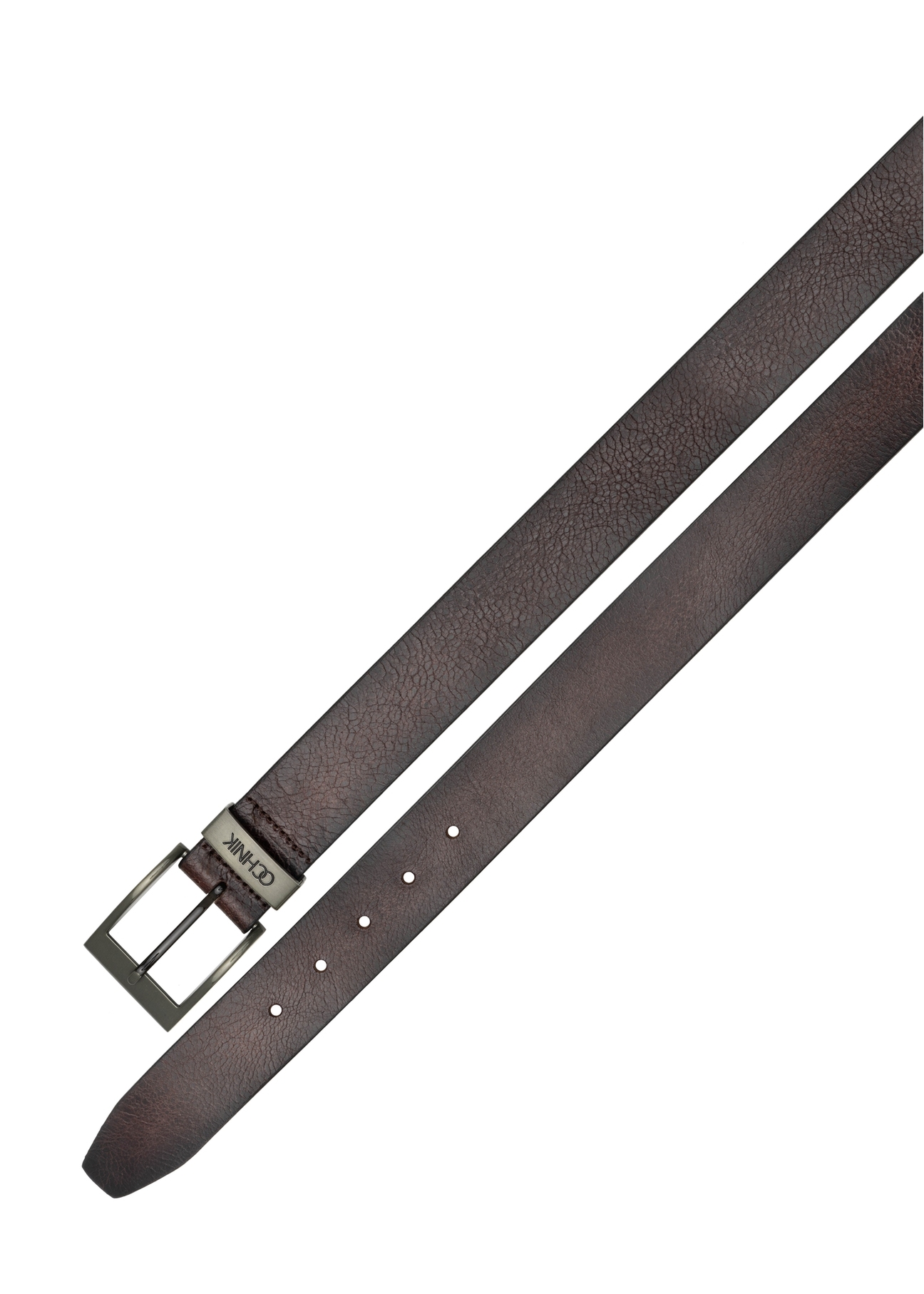 Men's dark brown leather belt PASMS-0274-88(Z25), view of the clasp of the product on a white background.
