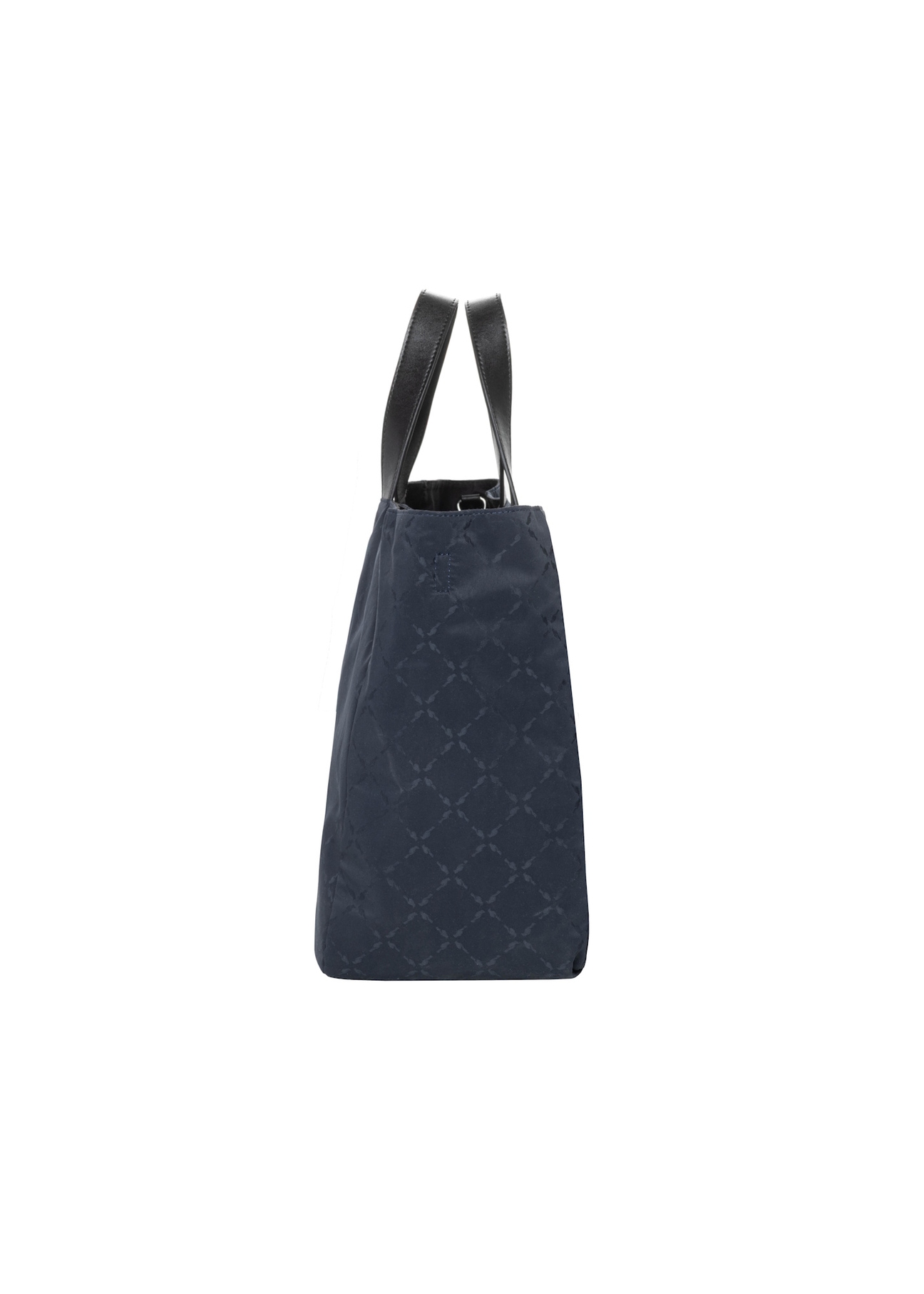 Navy blue women's shopper bag with a monogram (TOREN-0358-7E(Z26)), side view on a white background.