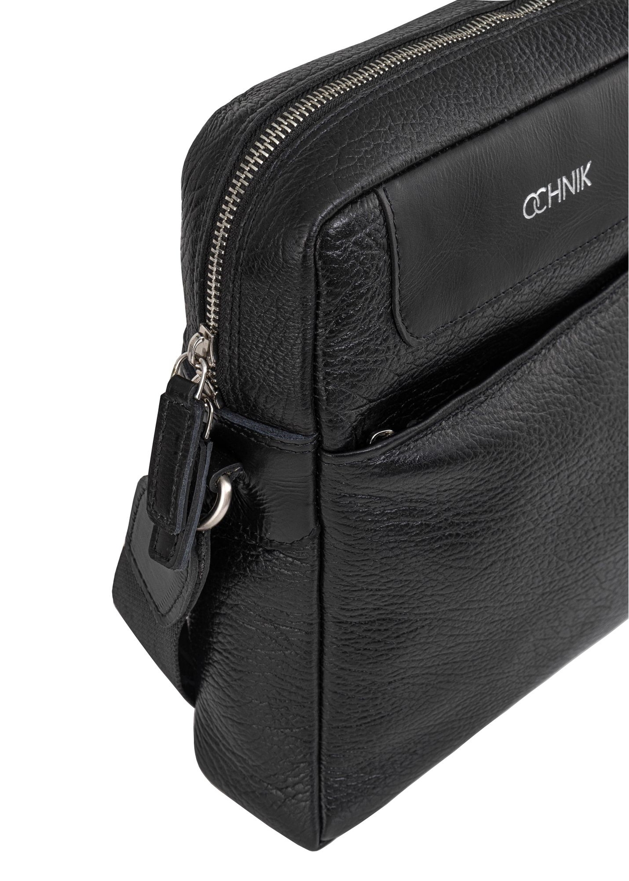 Black leather men's bag with logo TORMS-0297A-99(Z25) - close-up of detail on white background.