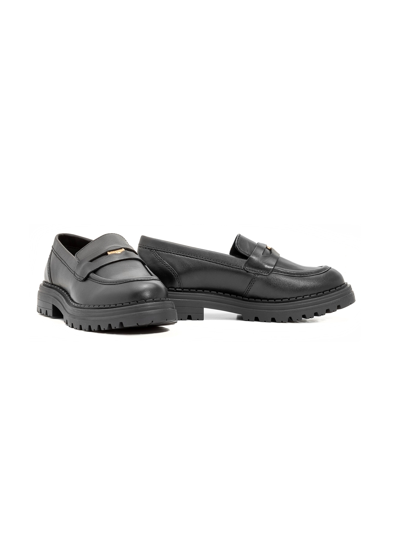 Women's black leather moccasins with logo BUTYD-1197-99(Z25), diagonal product view on a white background.
