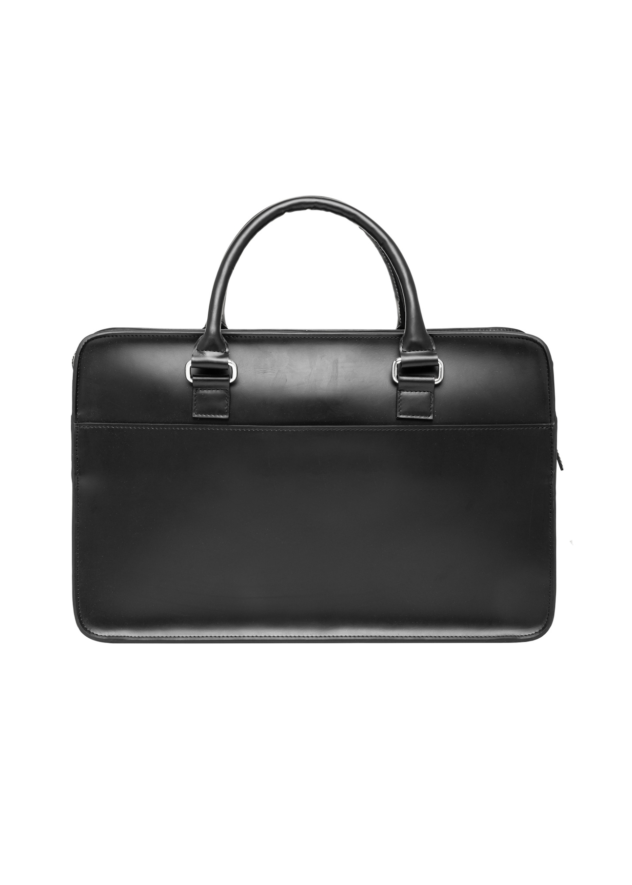 Black leather business briefcase TORMS-0531-99(Z26), product view from the back on a light background.