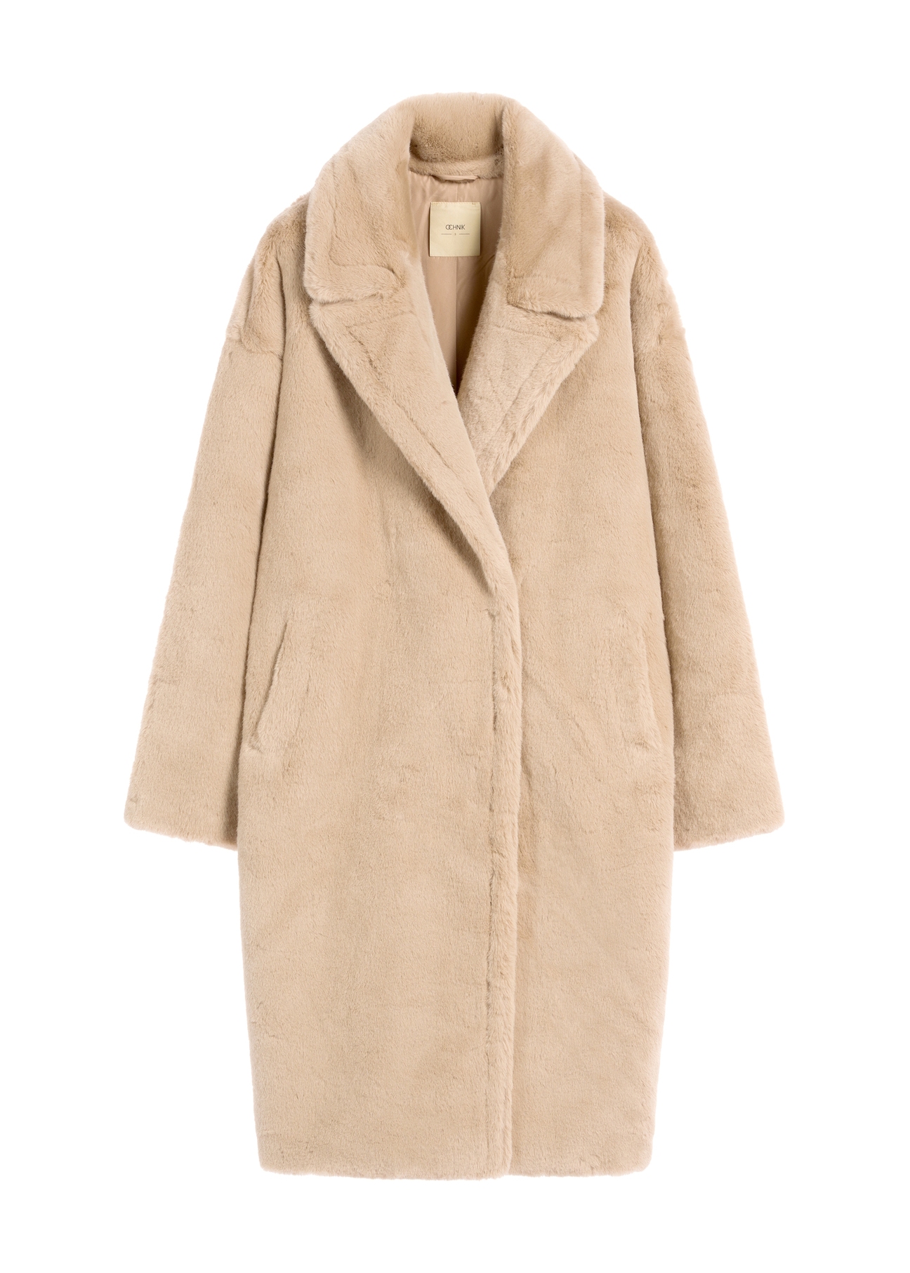 Long beige women's fur coat FUTDP-0064-81(Z25), product view from the front on a white background.