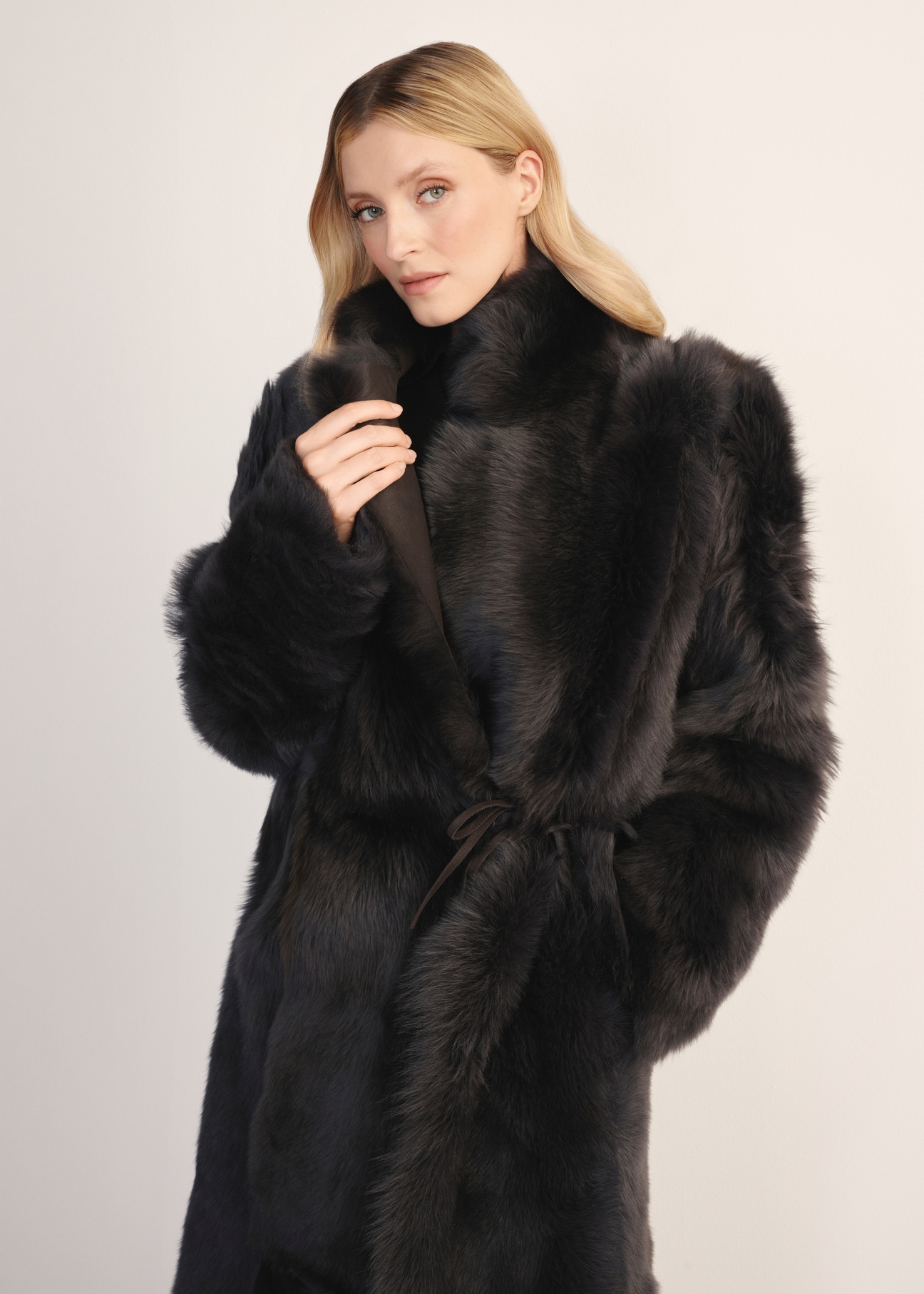 Women's brown double-sided leather sheepskin coat KOZDS-0088-3096(Z25) - front product view on white background. Half silhouette visible.