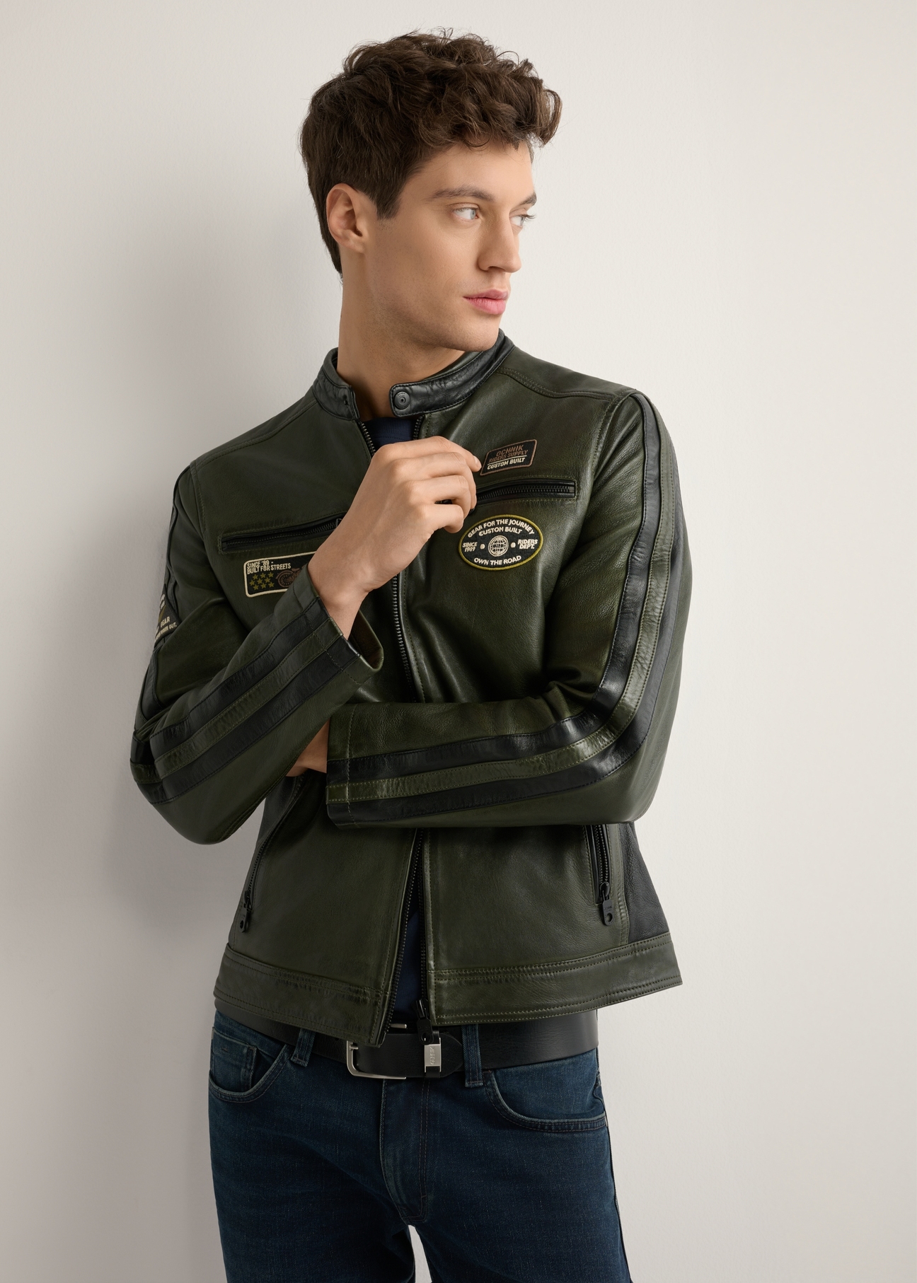 Men's Khaki Leather Jacket KURMS-0399-8D(W26) - Front product view, modeled against a light background. Half of the silhouette visible.