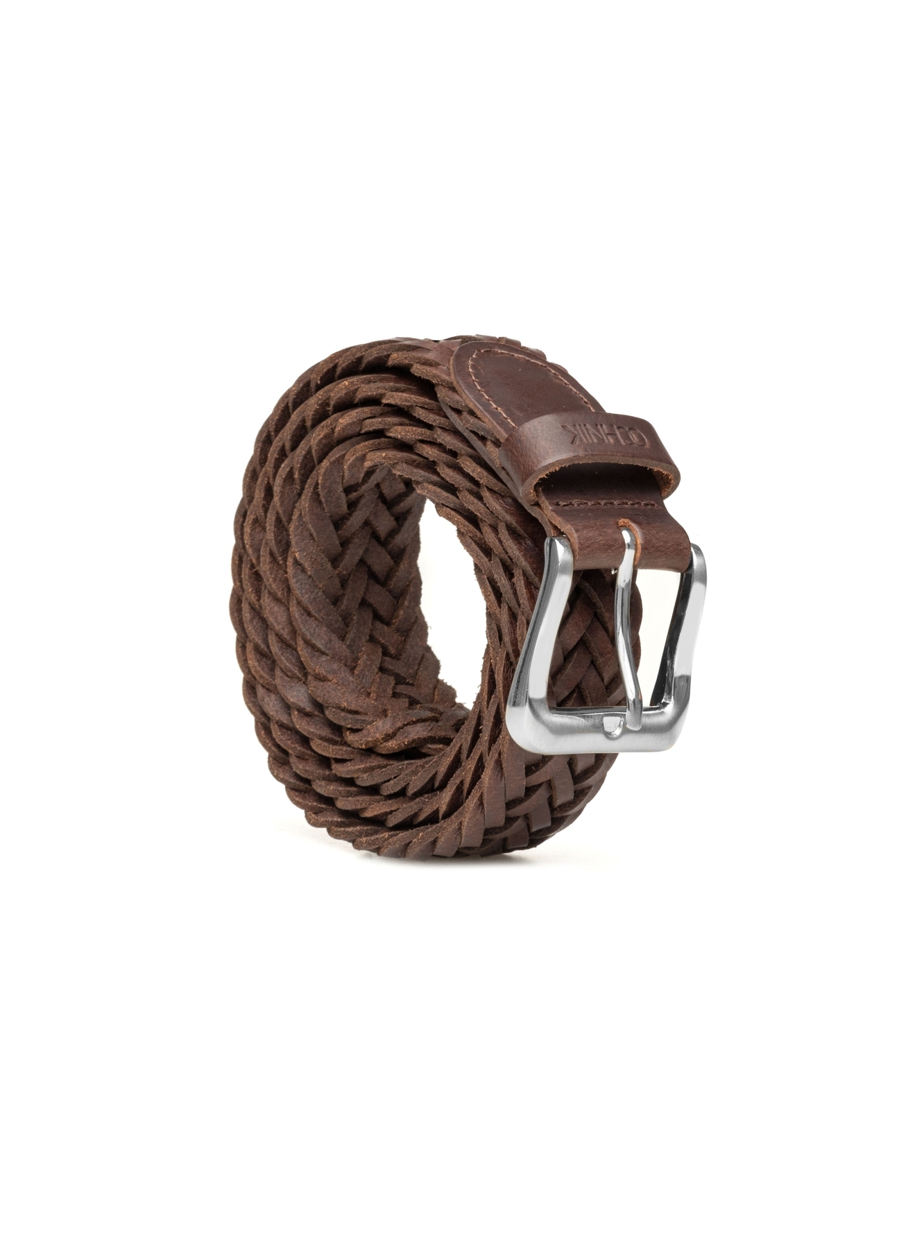 Brown braided men's belt PASMS-0283-1I(W26) - product view slightly diagonal, on a white background.