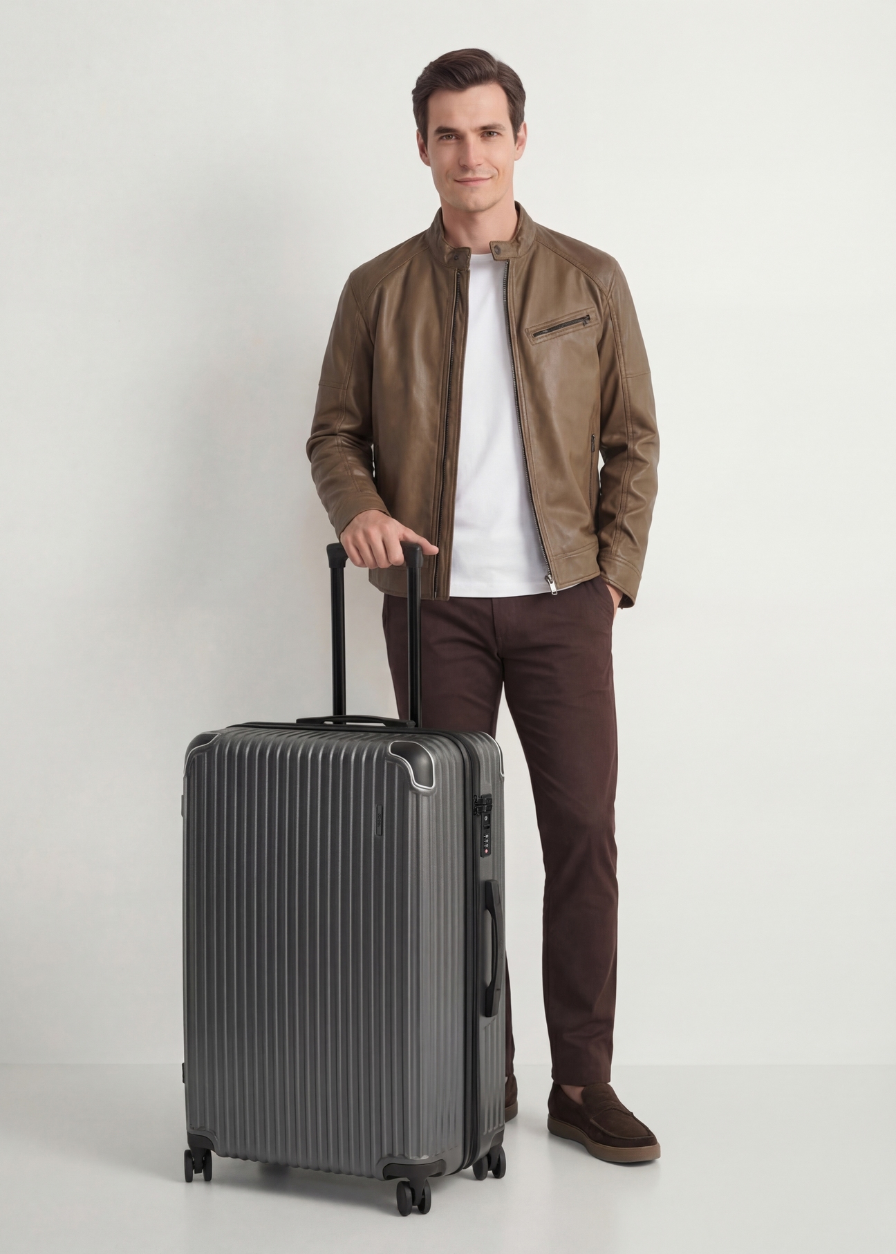 Large suitcase on wheels WALAB-0073-9C-28(W26), diagonal view of the product next to the model's silhouette.