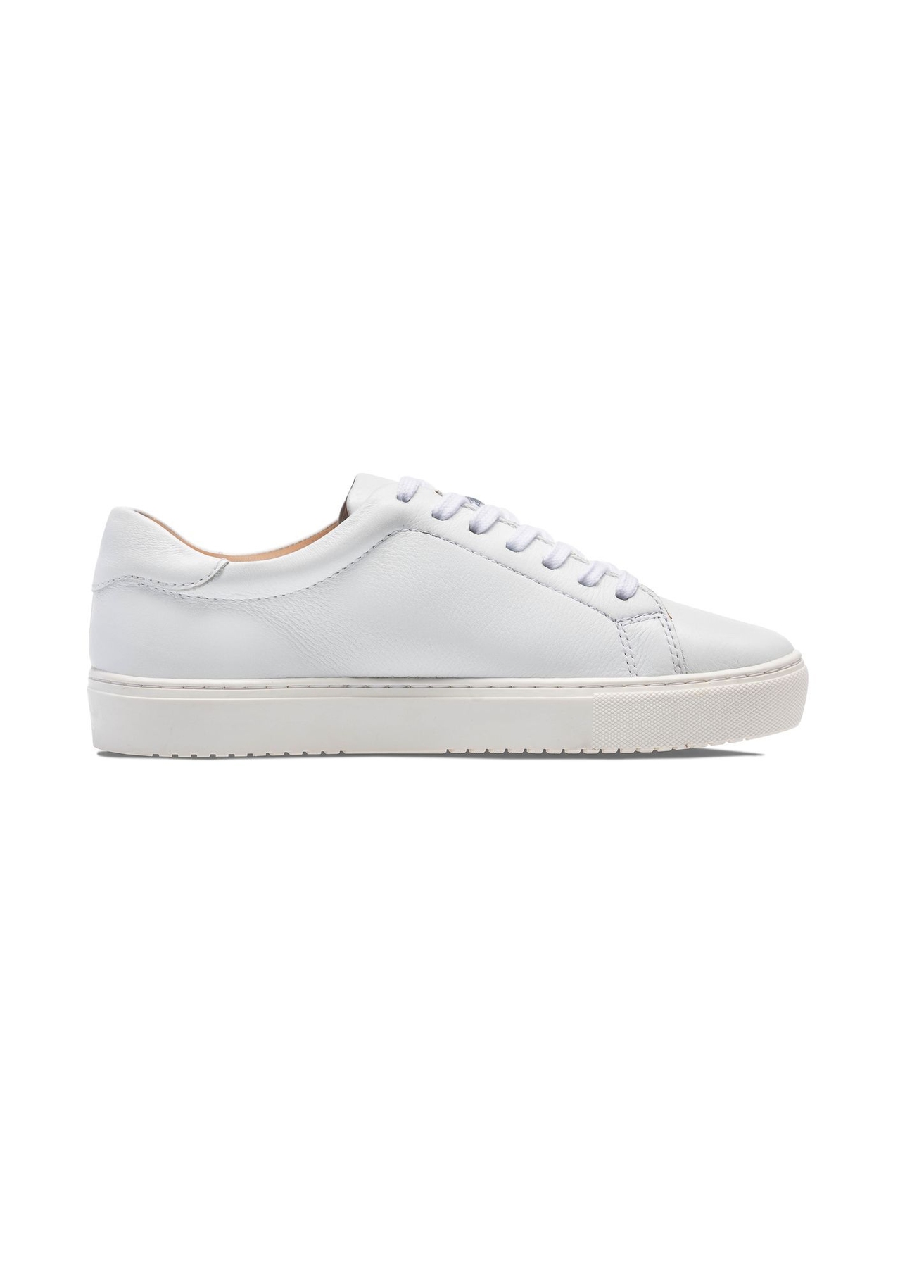 White leather sports shoes BUTYM-0503A-0B(W26), side product view on white background.