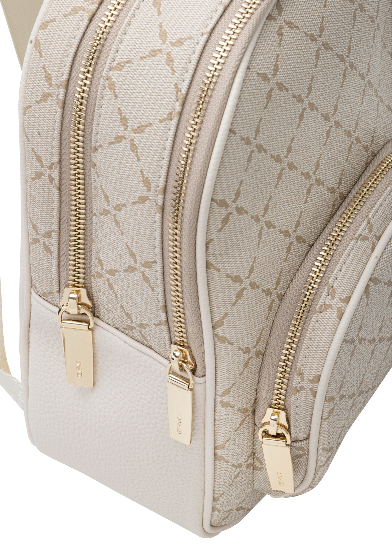 Cream women's backpack with monogram TOREC-1026-0P(W26), close-up of the product detail on a white background.