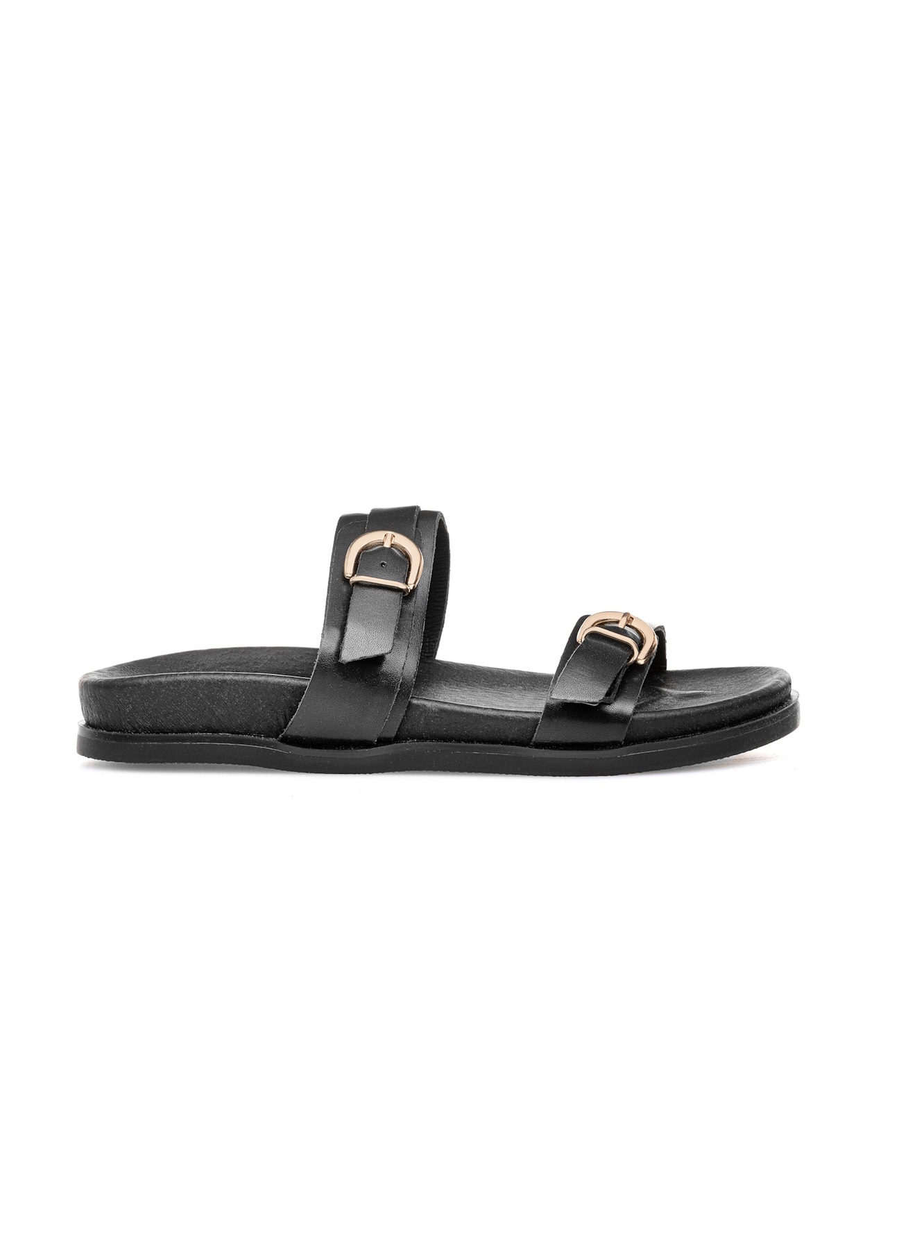 Black women's leather flip-flops BUTYD-1160-99(W25), side view of the product on a white background.