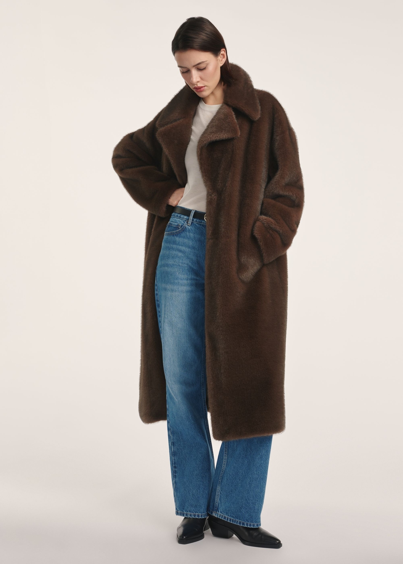 Long brown women's fur coat FUTDP-0072-1H(Z26)- front product view on white background.