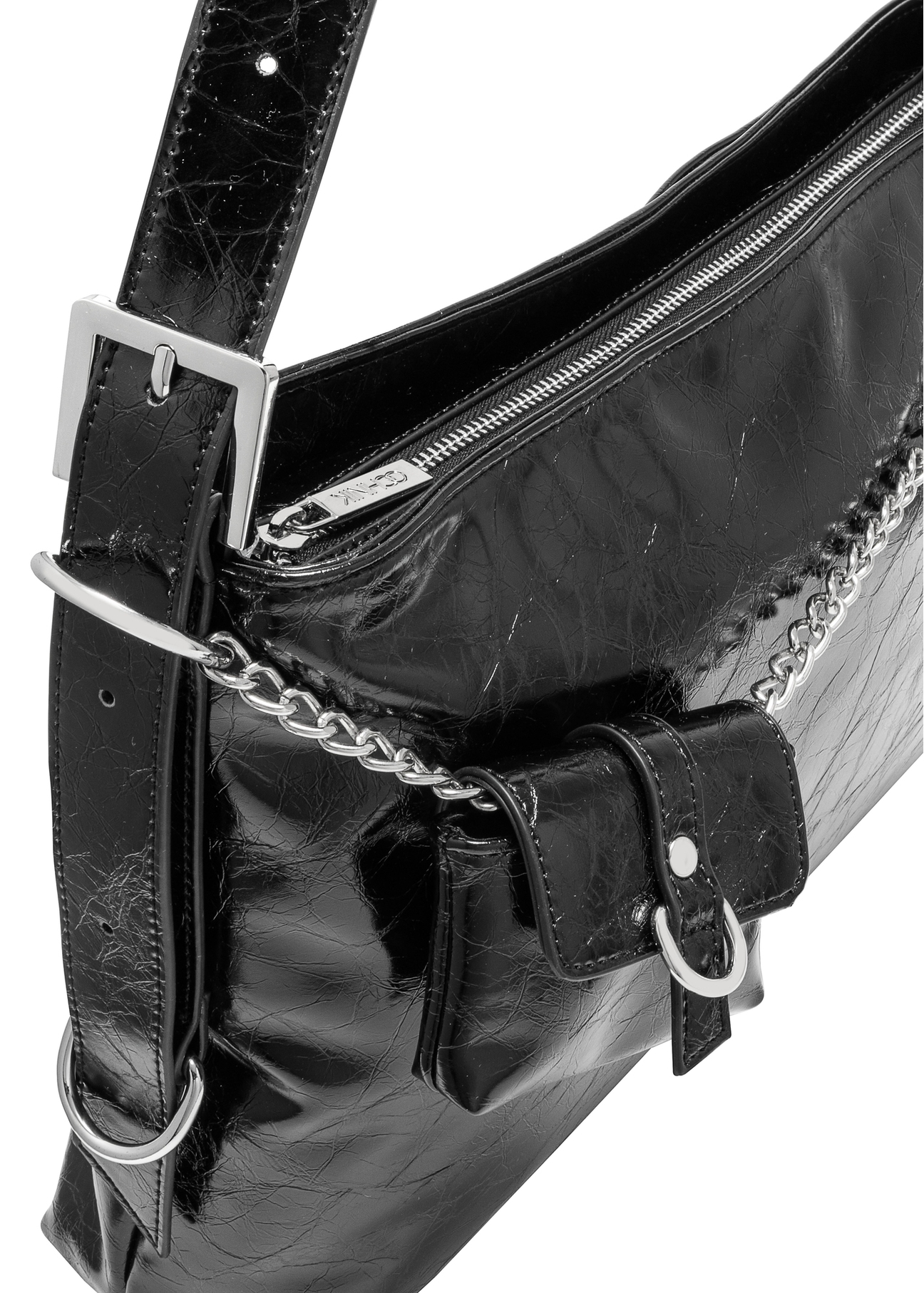 Black patent leather women's handbag TOREC-1073-99(Z25), close-up of product detail, view on white background.