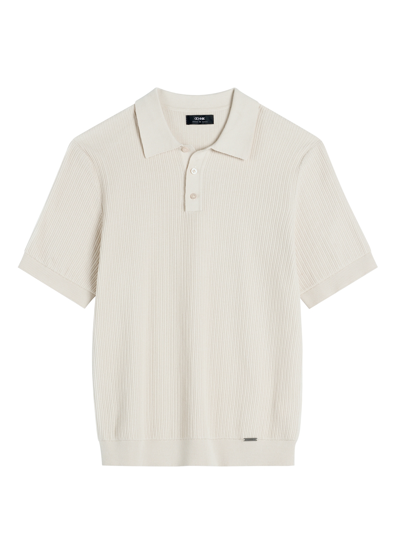 Light beige ribbed polo shirt POLMT-0085-1A(W26), front product view on white background.