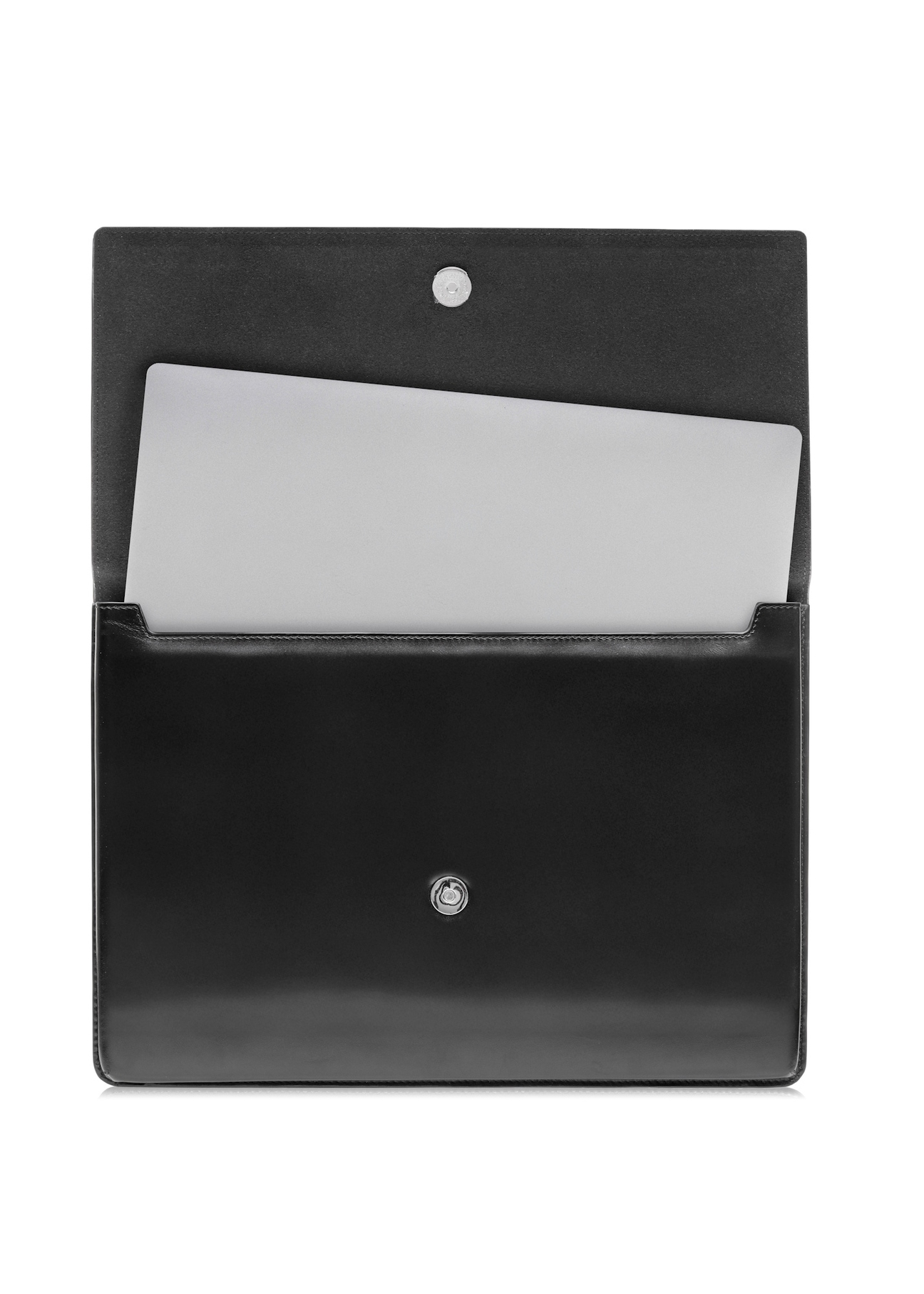 Men's black leather briefcase TORMS-0468-99(Z25), product view with laptop inside on white background.
