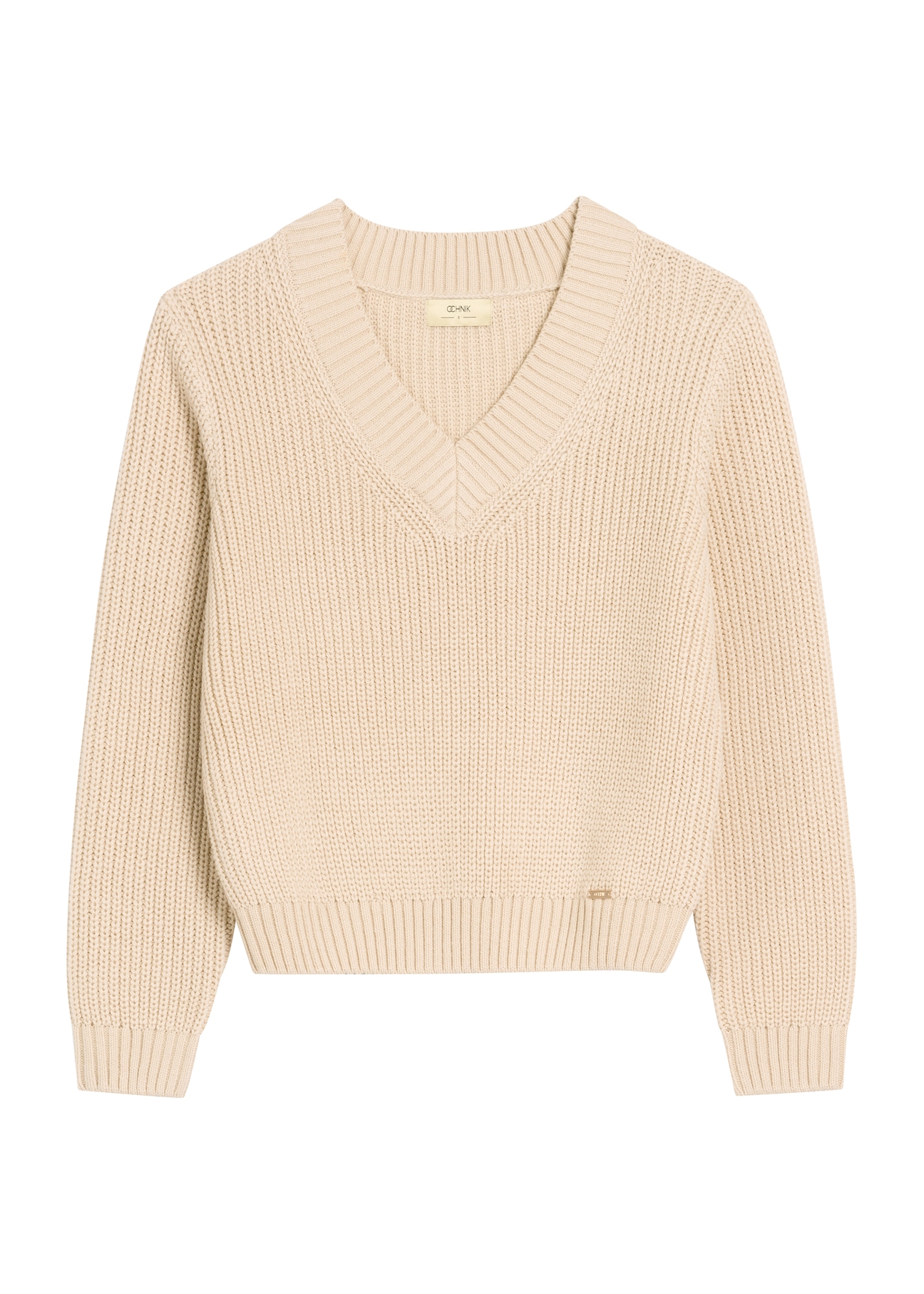 Beige women's V-neck sweater SWEDT-0162-80(Z25), product view from the front on a white background.