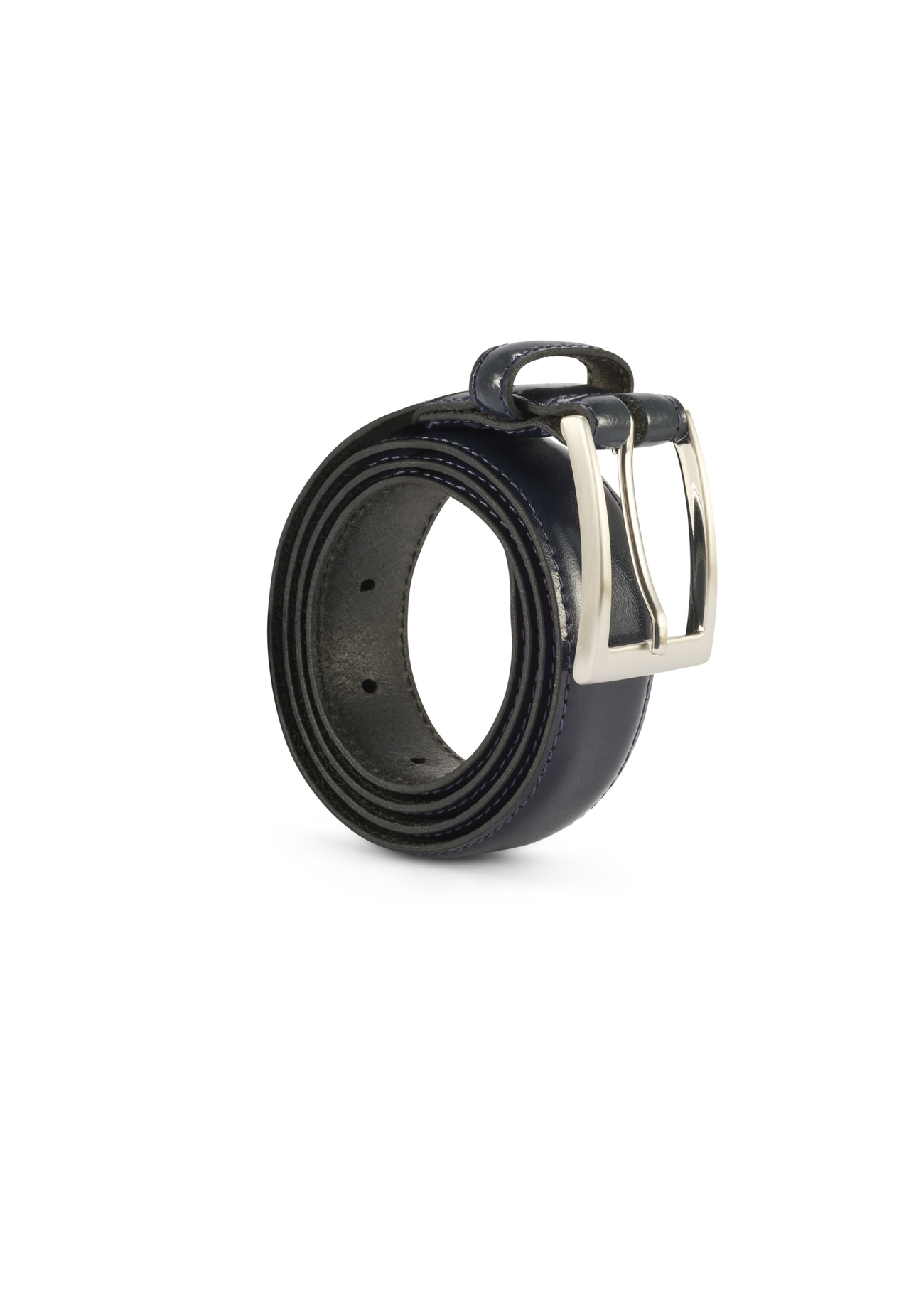 Navy blue men's leather belt PASMS-0244-69(Z25), diagonal product view on white background.