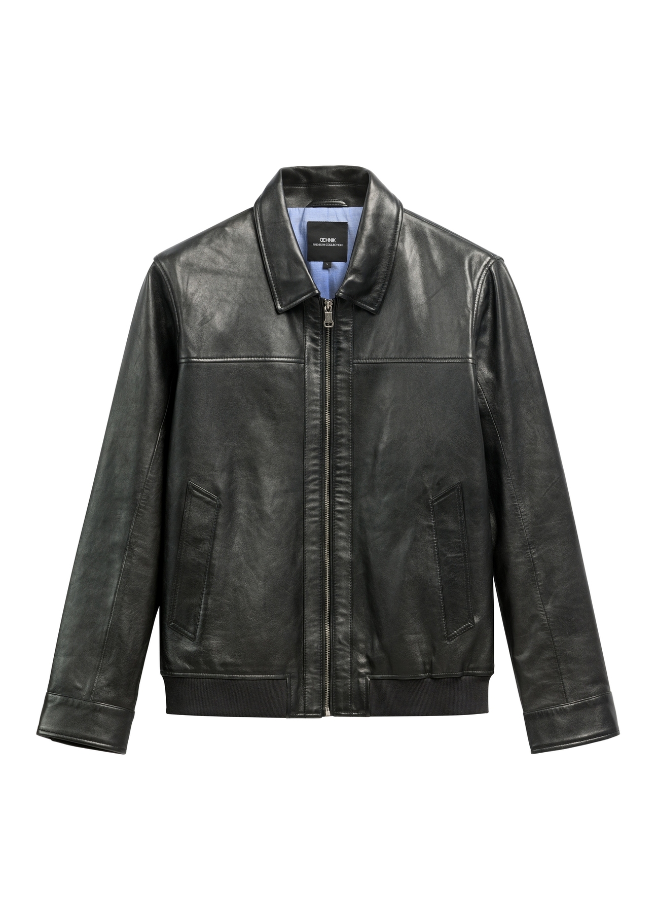 Black men's leather jacket KURMS-0407-99(W26), front product view on white background.