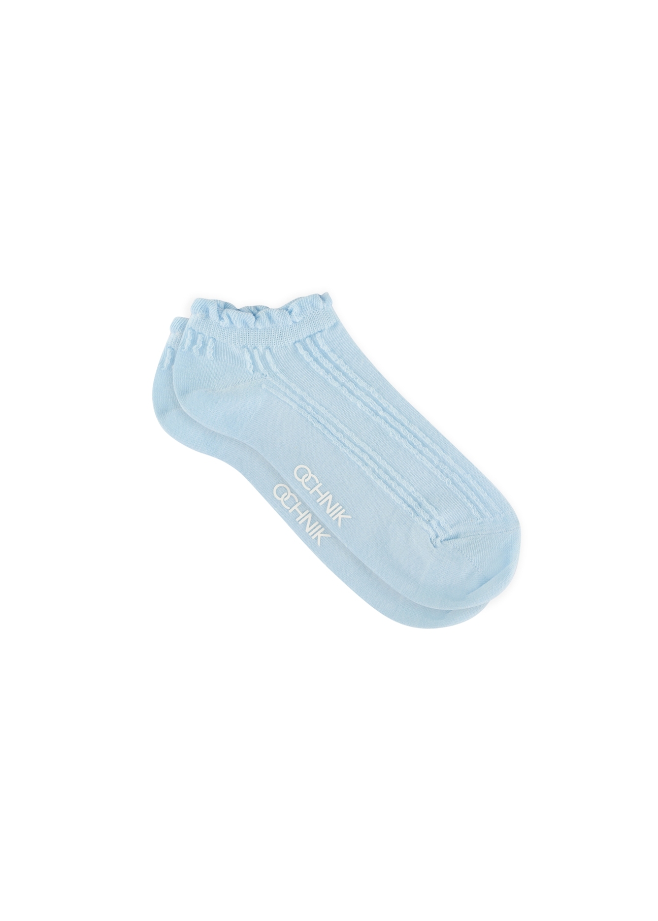 Blue women's socks SKADT-0078-7A(W26), side product view on white background.
