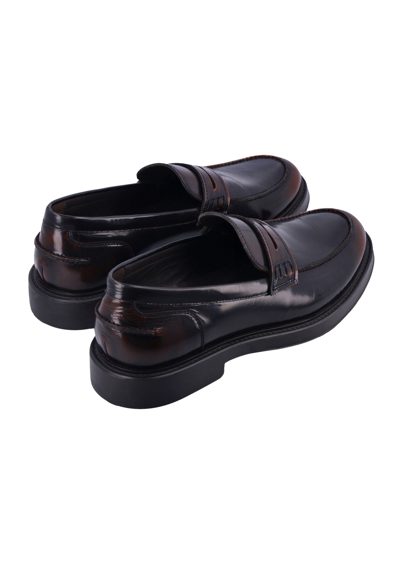 Men's dark brown leather moccasins BUTYM-0588-1I(Z26), product view from the back on a white background.