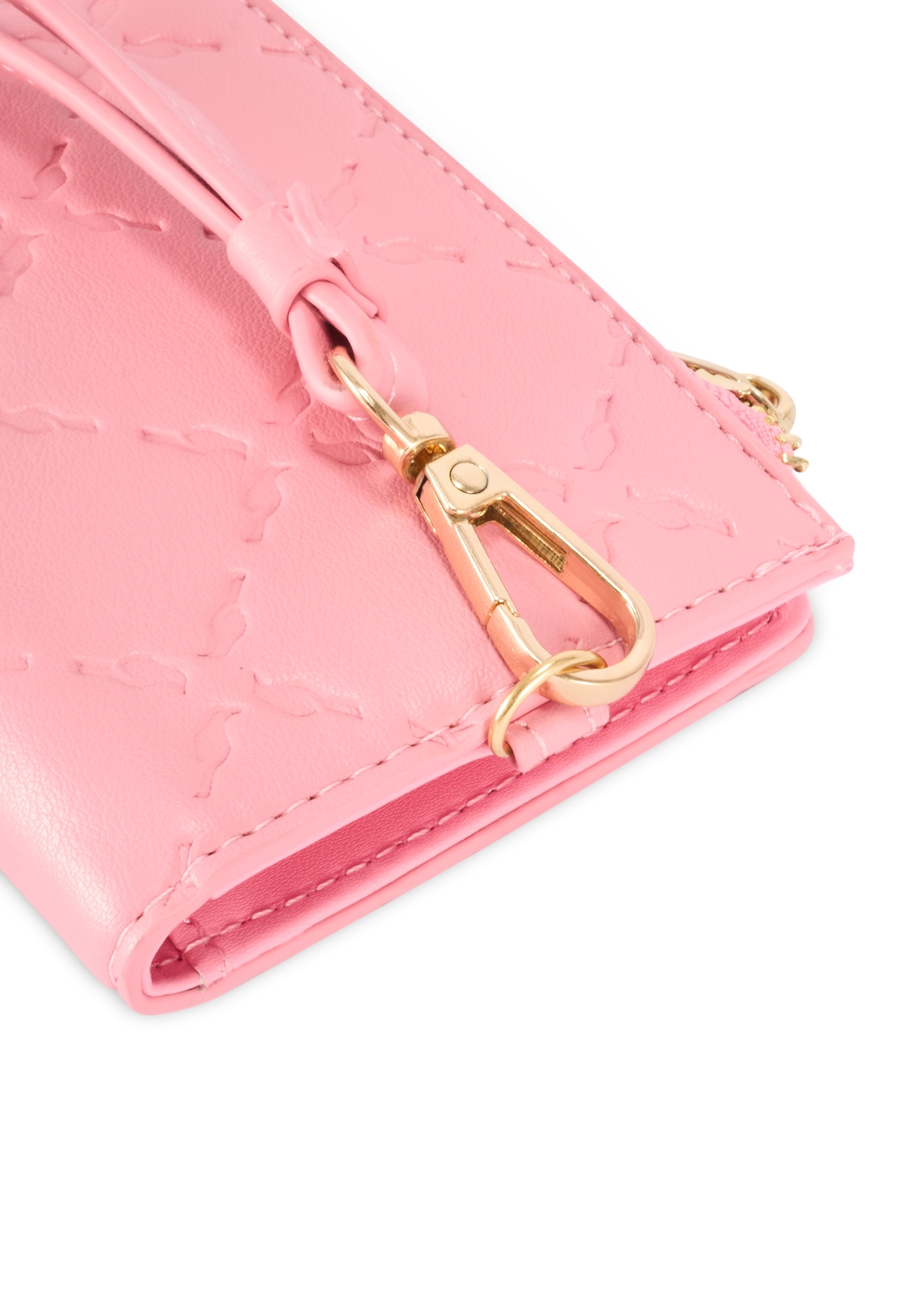 Pink small women's wallet with handle POREC-0407-5B(W26) - close-up detail view, on white background.