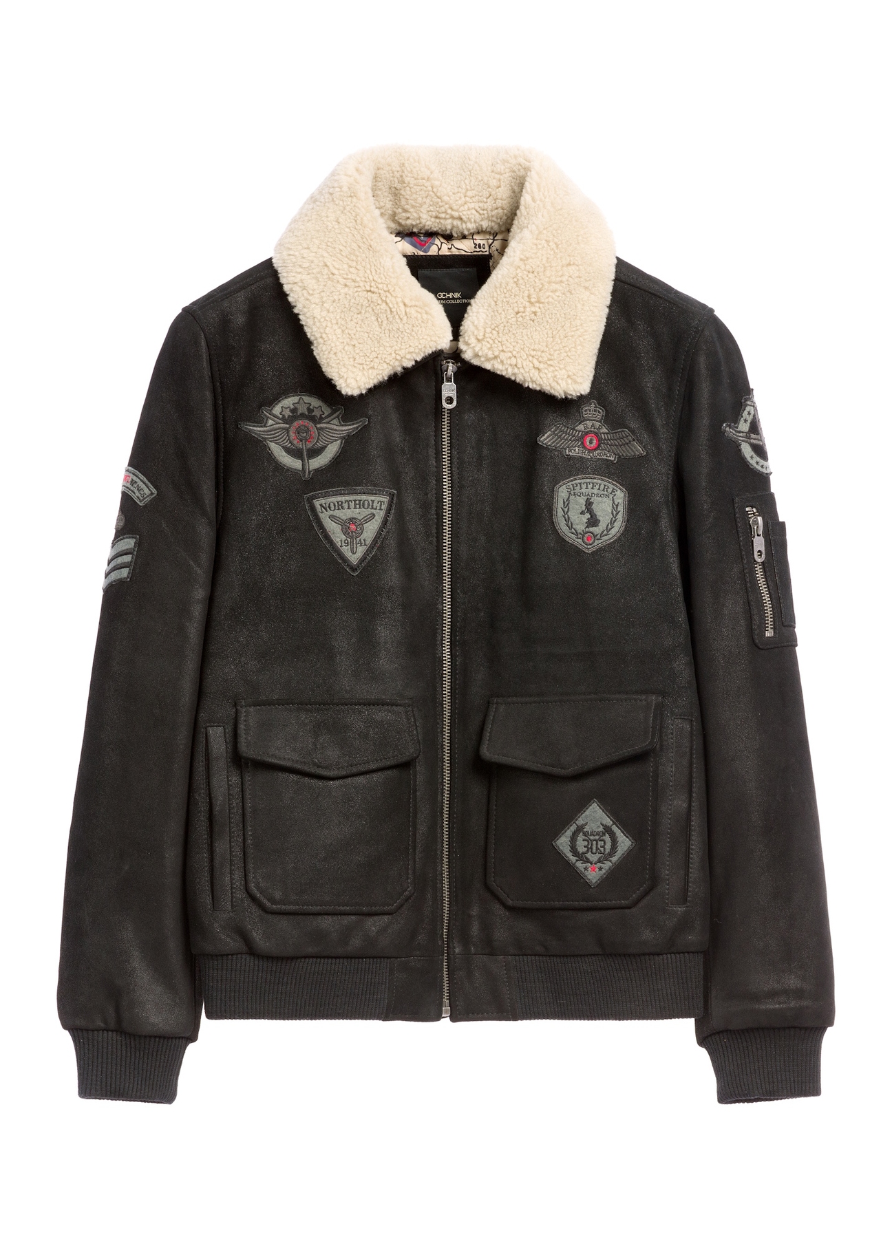 Black leather bomber jacket KURMS-0423-99(Z26), front product view on white background.