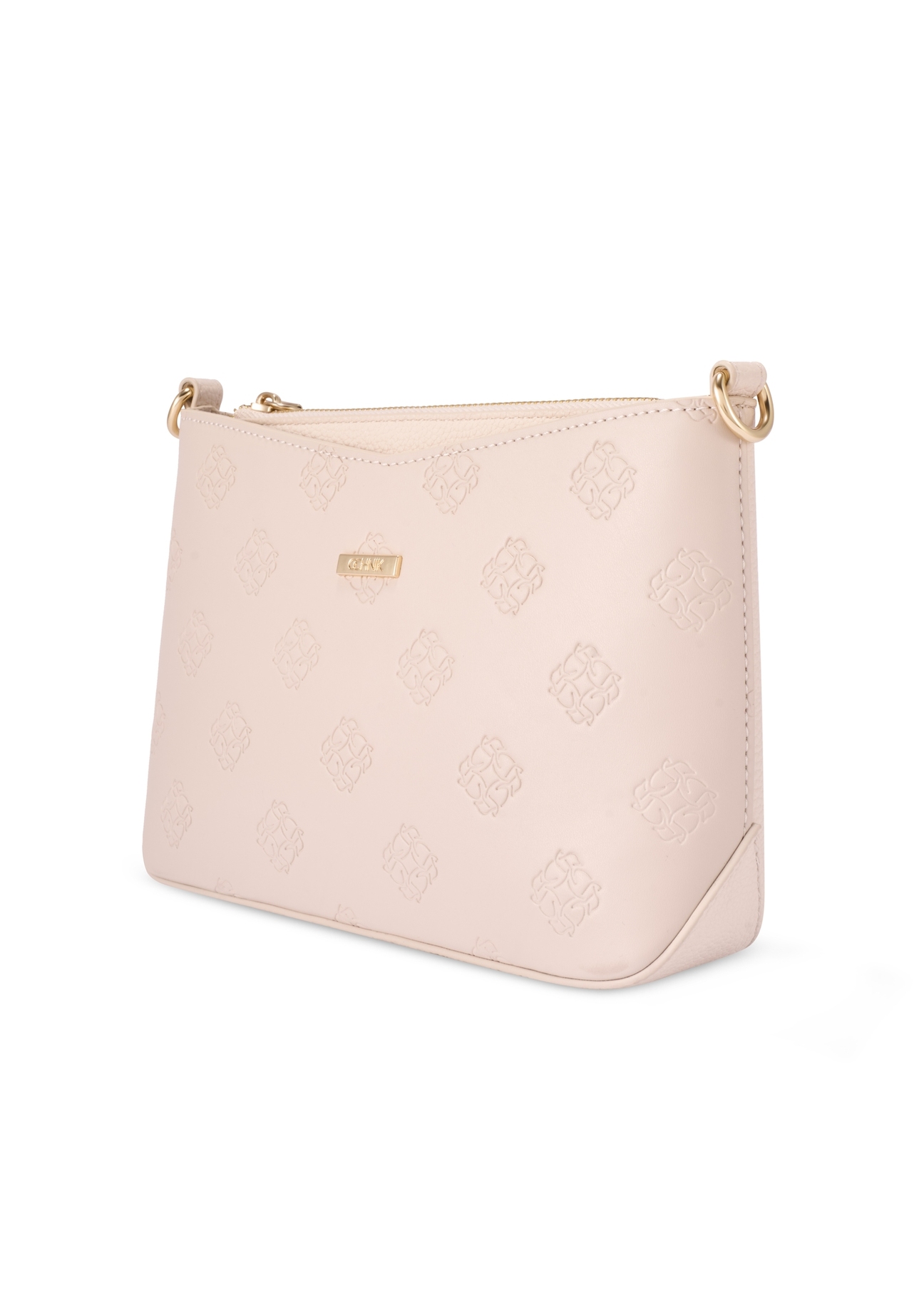 Cream women's handbag with monogram TOREC-1159-0B(W26), diagonal product view on a white background.