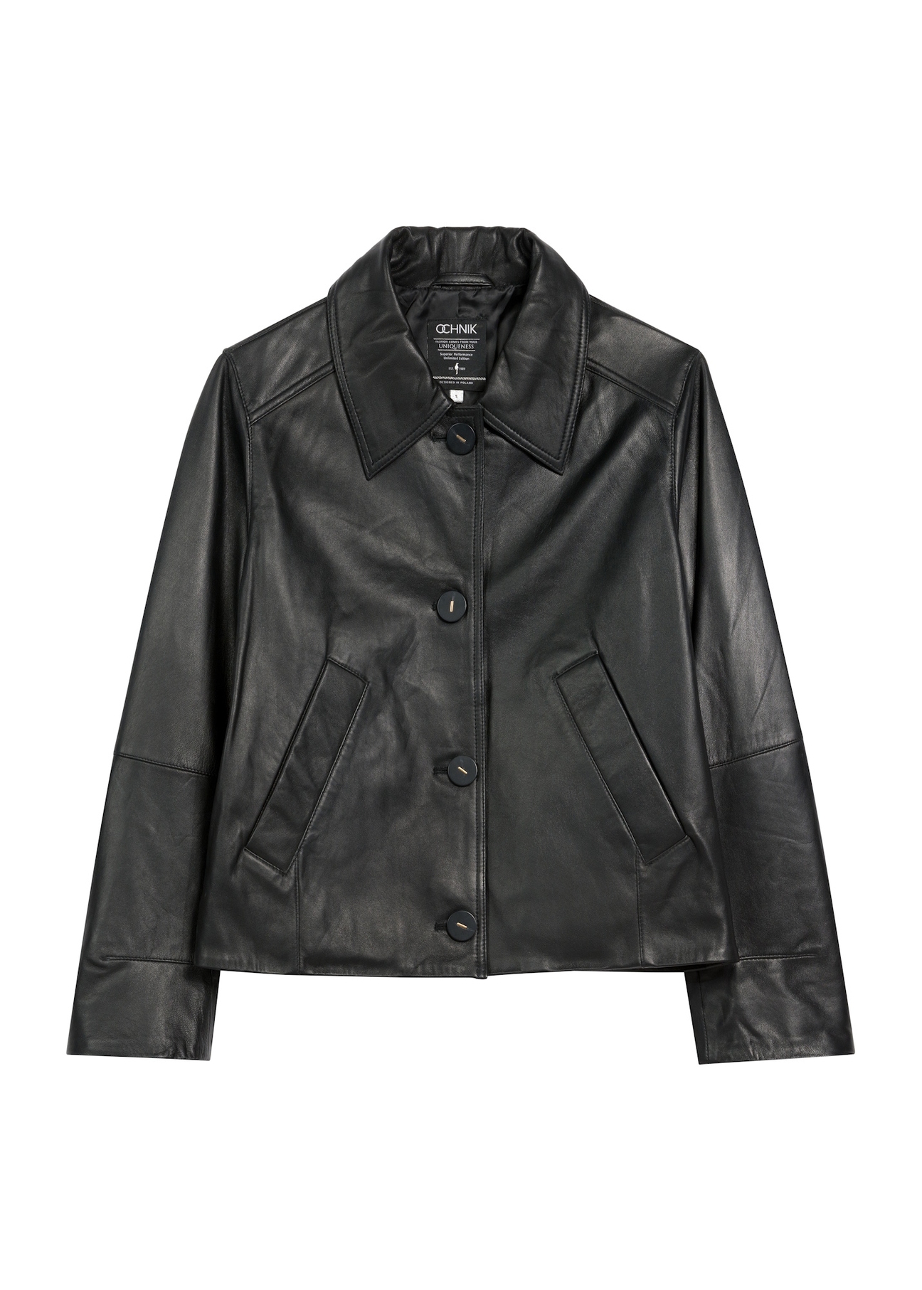Women's leather button jacket KURDS-0578-3184(W25), front product view on white background.