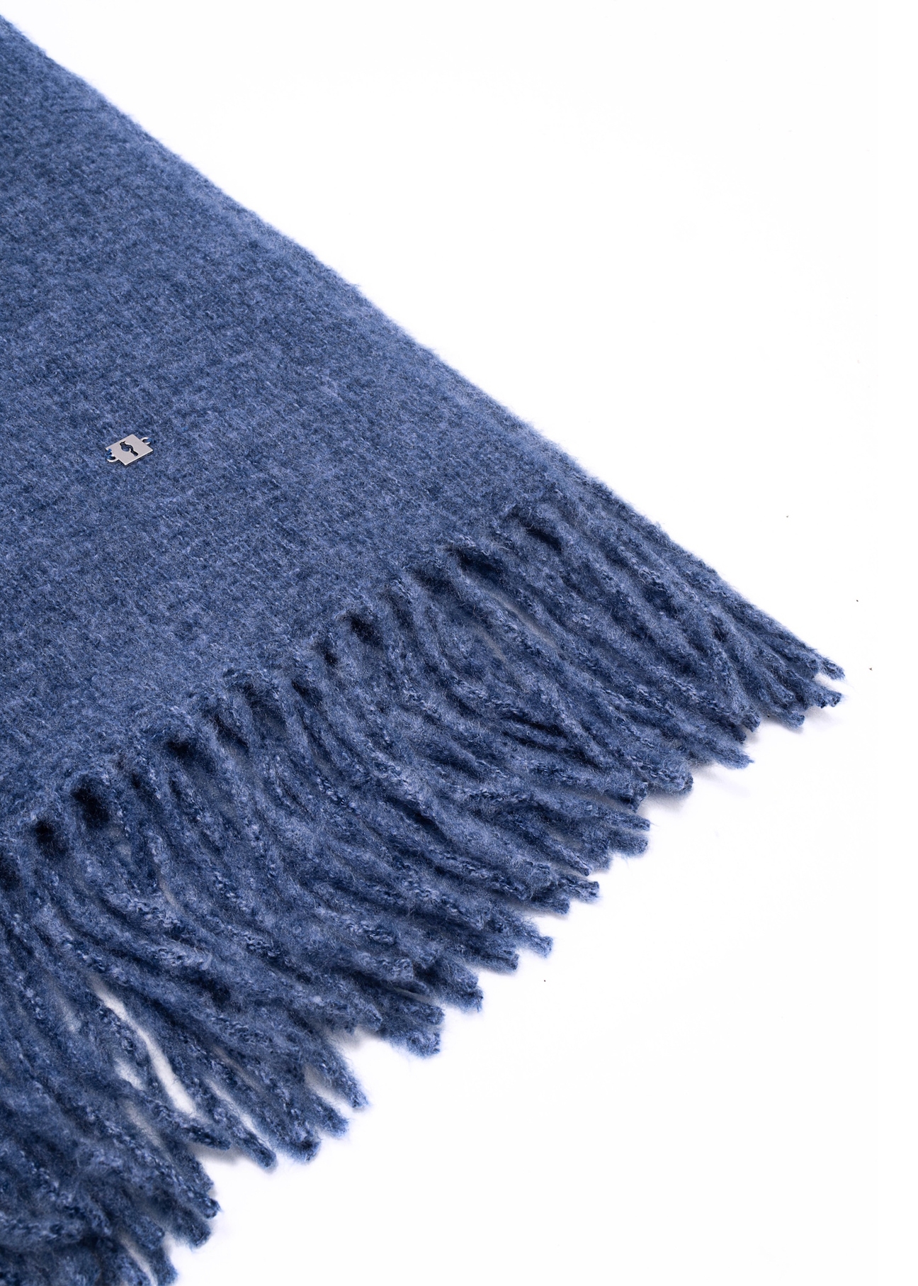 Blue women's scarf with fringes SZADT-0209-61(Z25), close-up of the product detail on a white background.