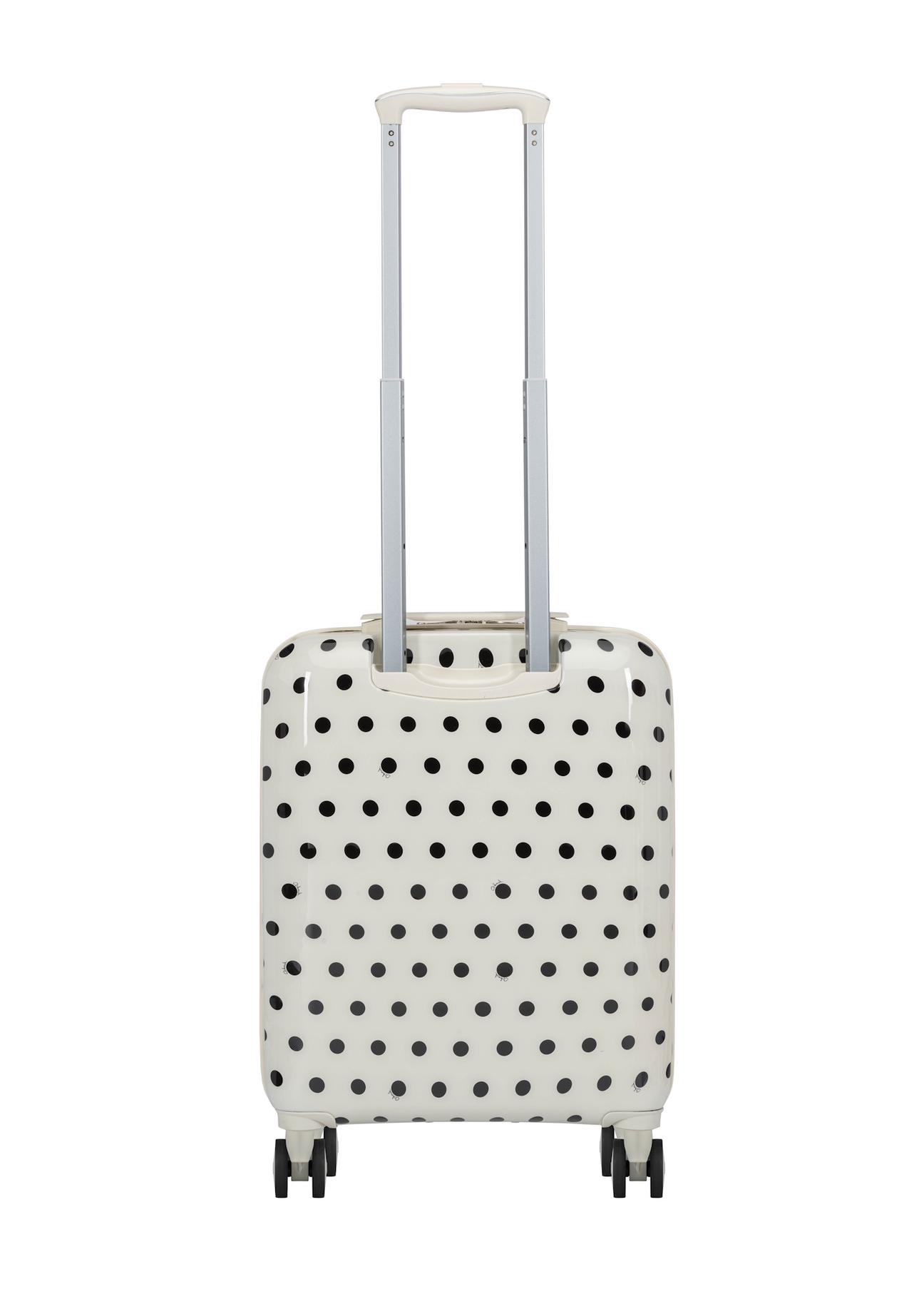 Small polka dot suitcase on wheels WALAB-0074-0P-19(W26), product view from the back on a white background.