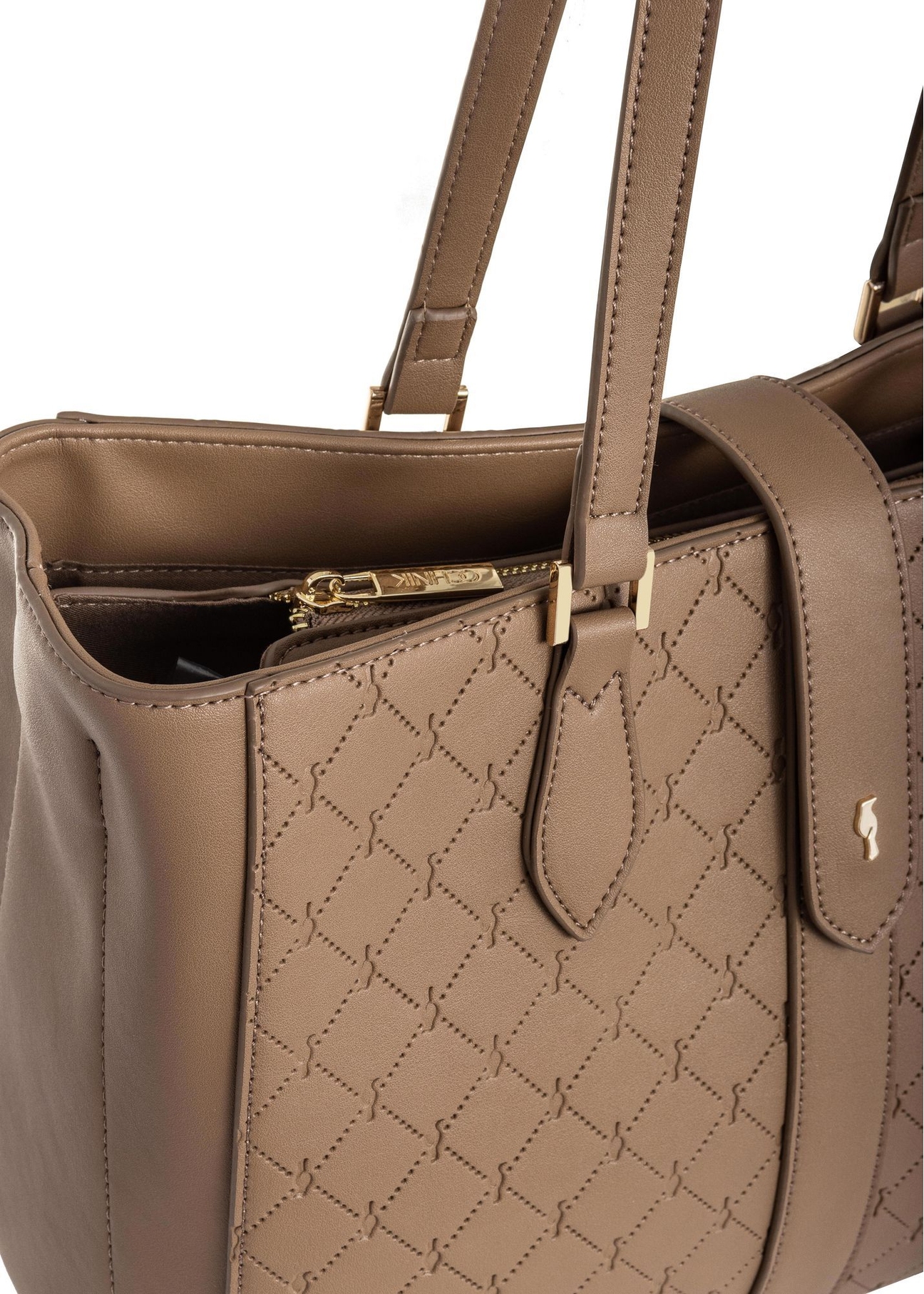 Beige women's handbag with monogram TOREC-0831A-81(Z25) - close-up of the detail on a white background.