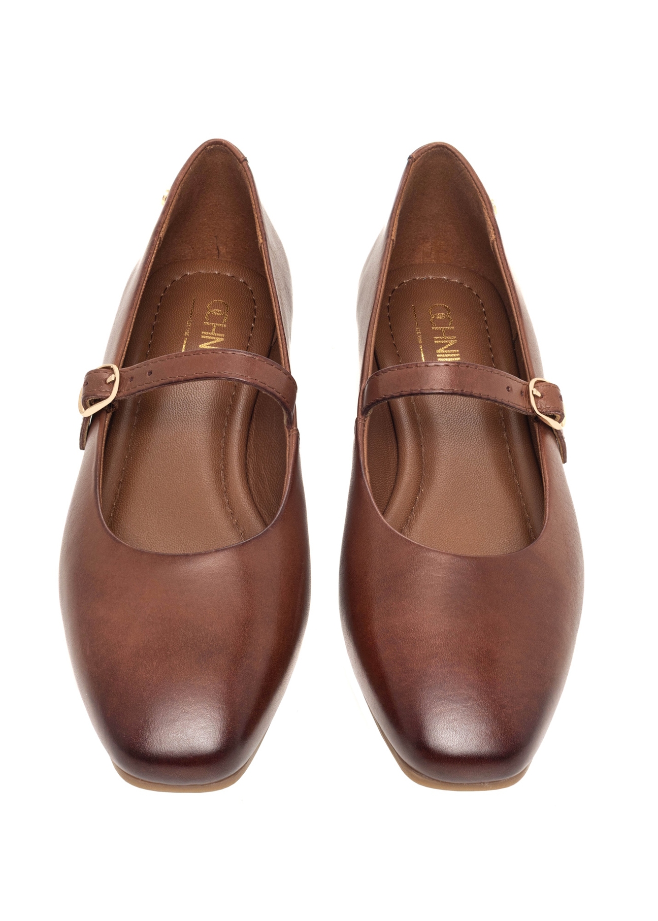 Leather brown ballet flats with strap BUTYD-1145-1H(Z26), front product view on white background.
