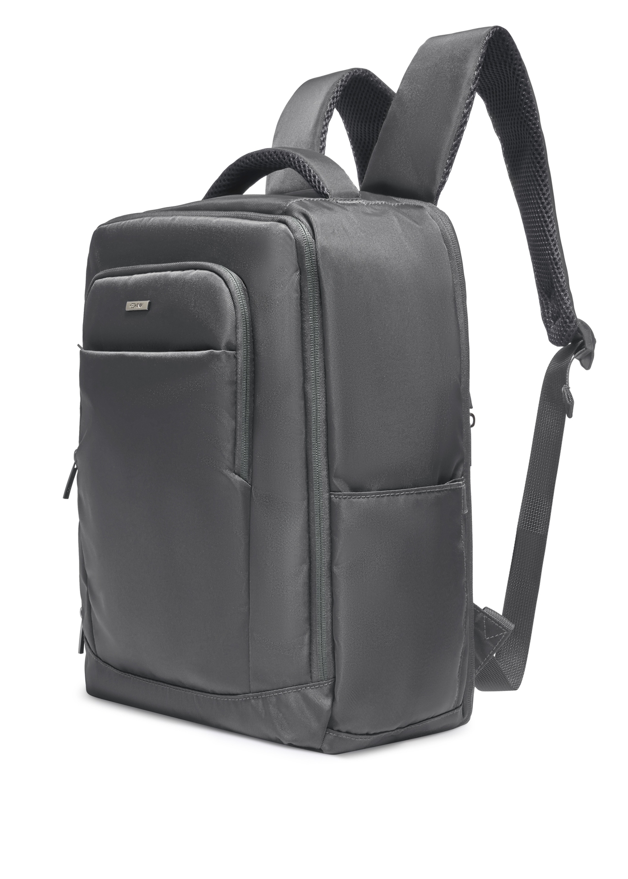 Gray PLCMN-0014-9D(Z26) airplane backpack. Side view, diagonal, on a white background.