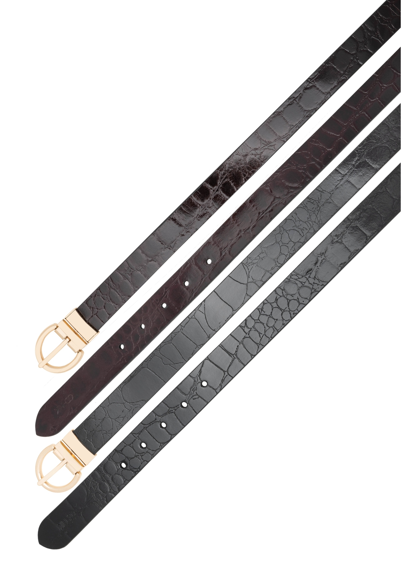 Double-sided croco women's leather belt PASDS-0332-49(Z25), view of the clasp of the product on a white background.