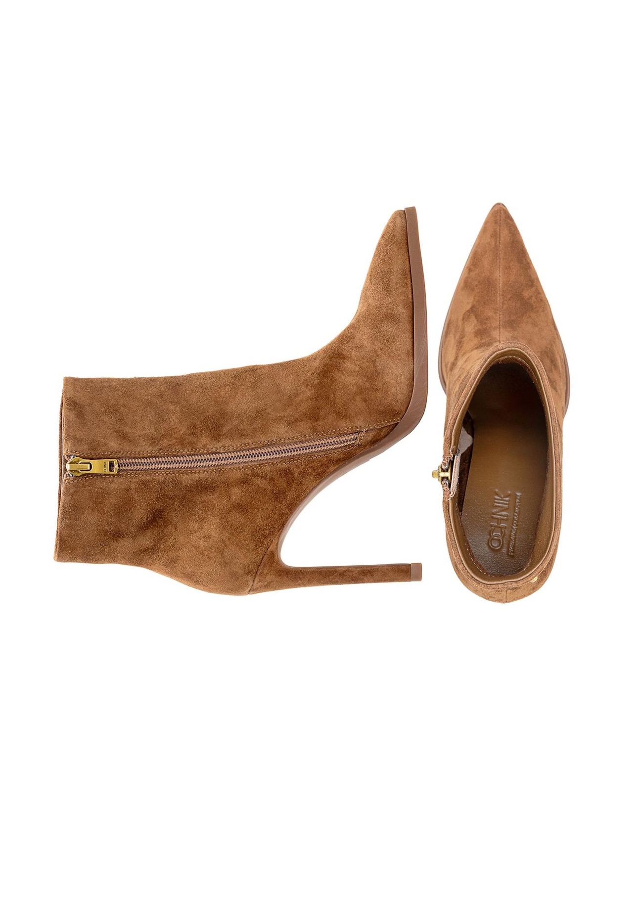 Cognac suede high heel ankle boots BUTYD-1207-1F(Z26), top view of the product on a white background.