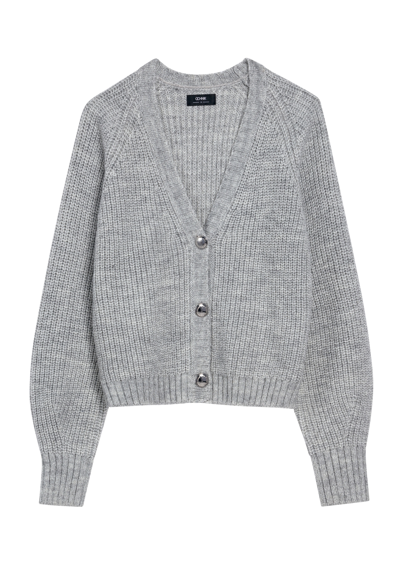 Gray oversized women's cardigan KARDT-0036-66(Z25), product view from the front on a white background.