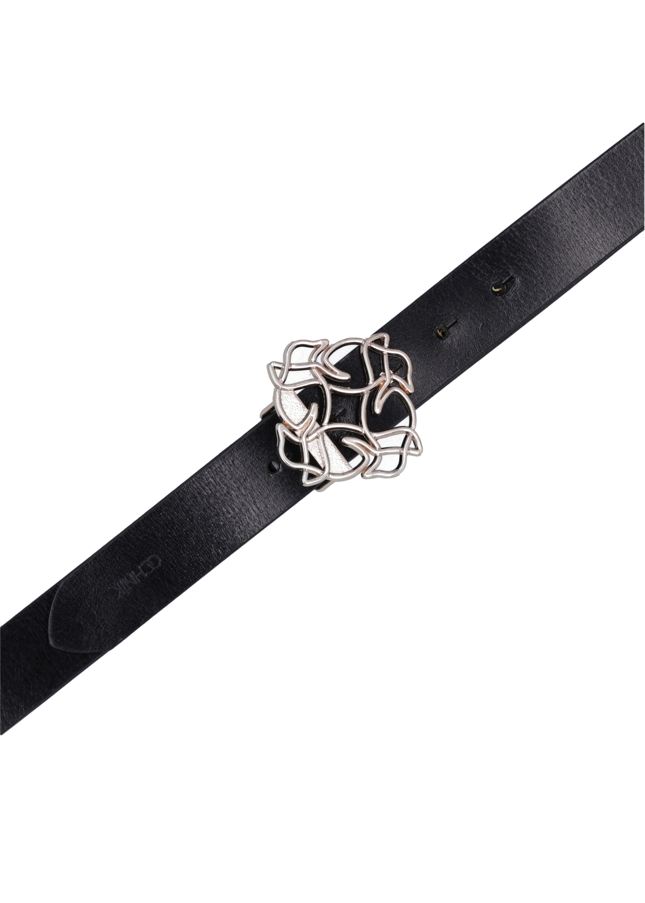 Black leather women's belt with decorative buckle PASDS-0305-99(Z25), top view of the product on a white background.