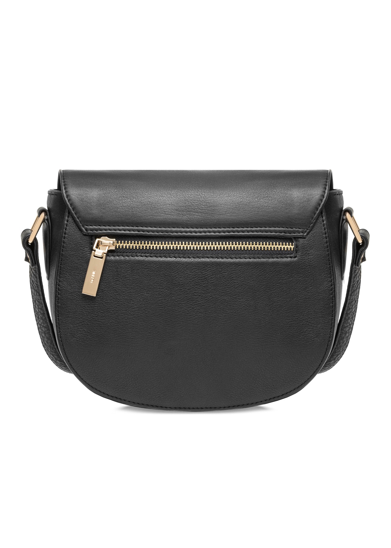 Black leather semi-circular messenger bag TORES-0972E-99(Z25), product view from the back on white background.