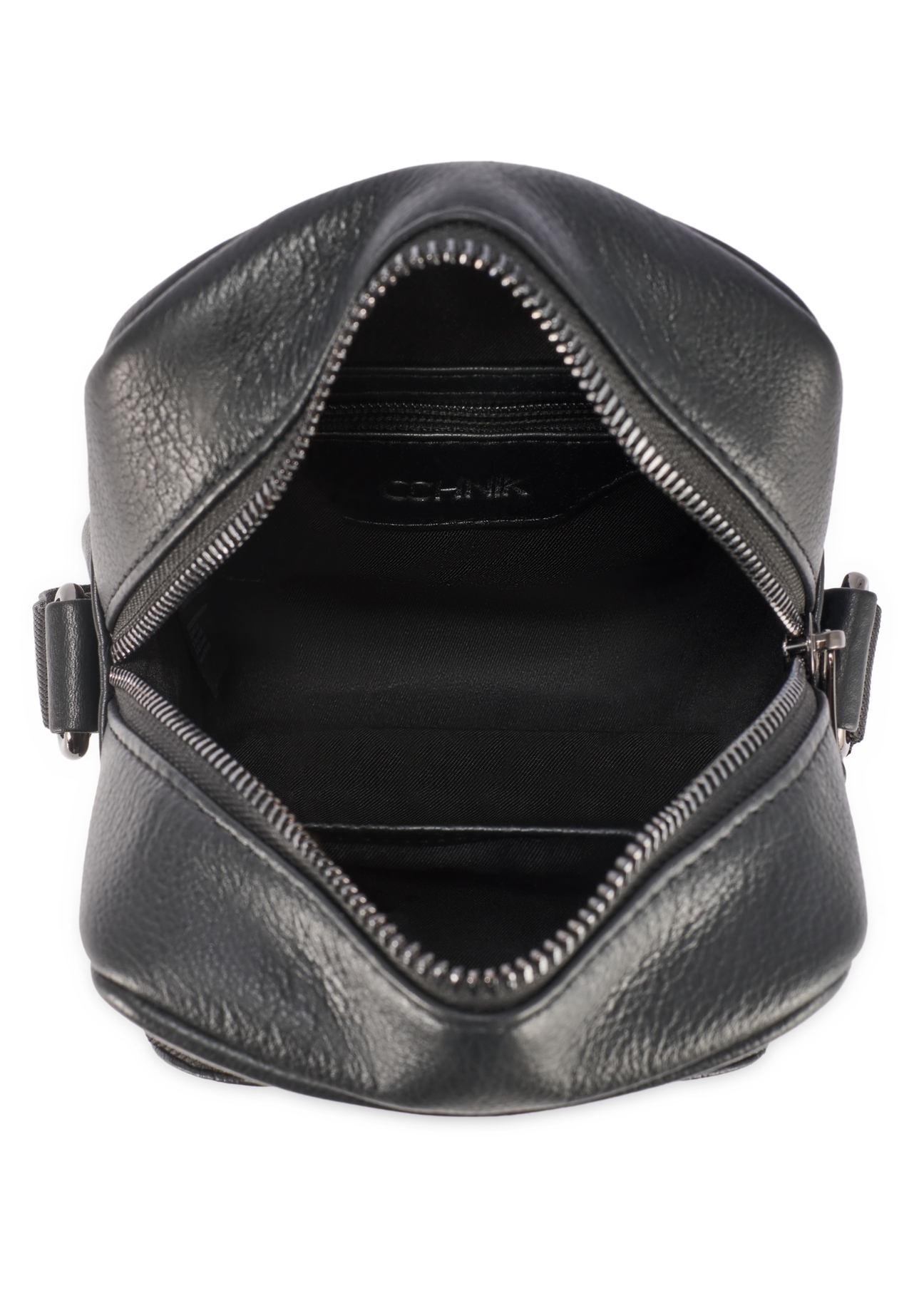 Black leather men's bag TORMS-0485R-9I(W26), product view from the inside on a white background.