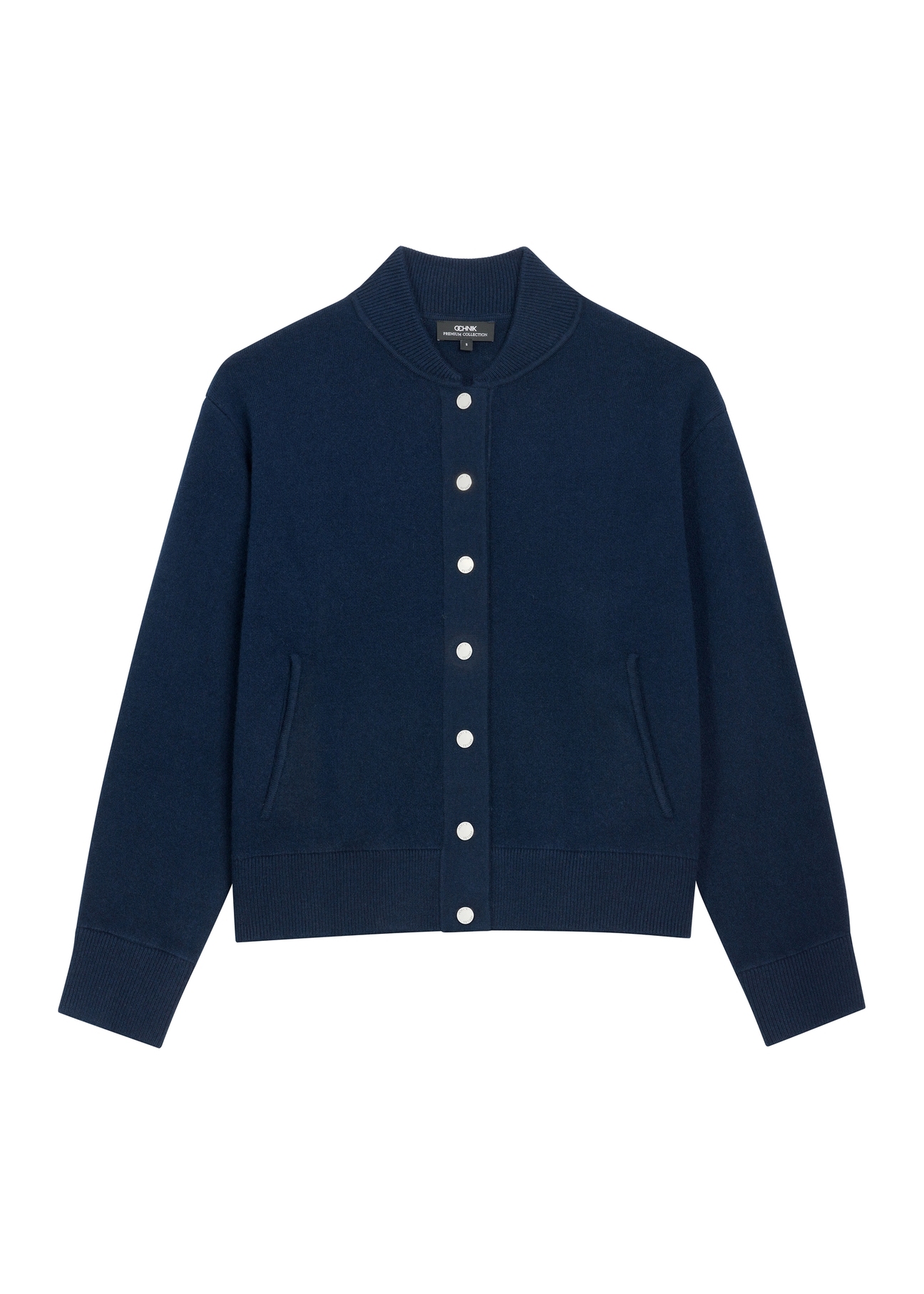 Dark navy blue women's wool and cashmere cardigan KARDT-0073-7E(Z26), front product view on white background.