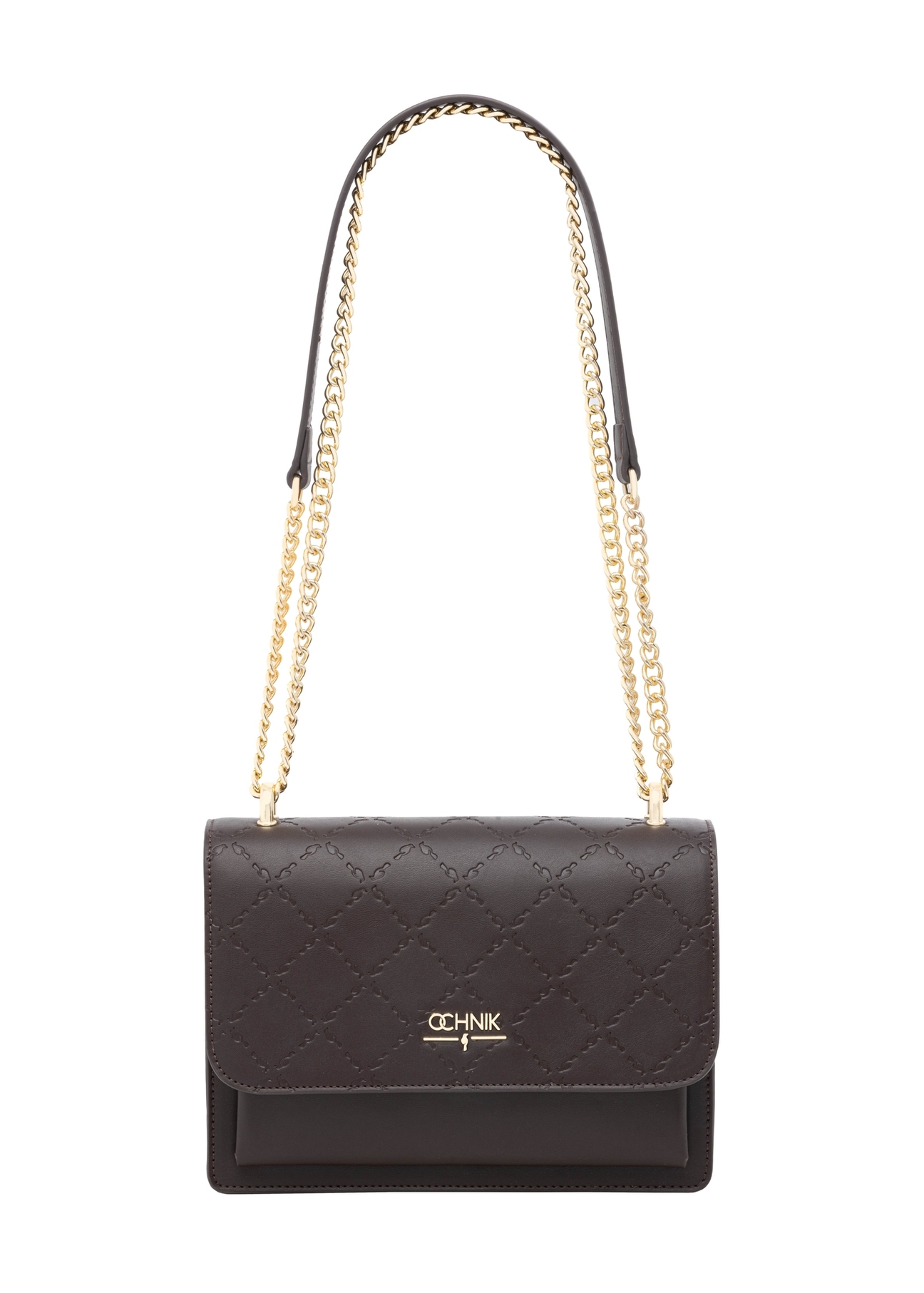 Brown women's handbag with monogram TOREC-1155-1I(Z26), product view from the front on a white background.