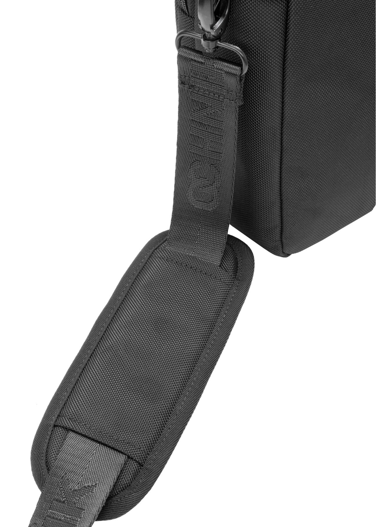 Black laptop bag TORMN-0401-99(W26) - close-up detail, on white background.