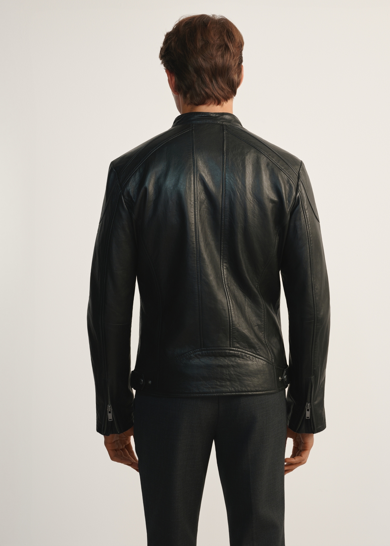 Men's black leather jacket with stand-up collar KURMS-0315-5427(Z25), product view from the back on a white background.