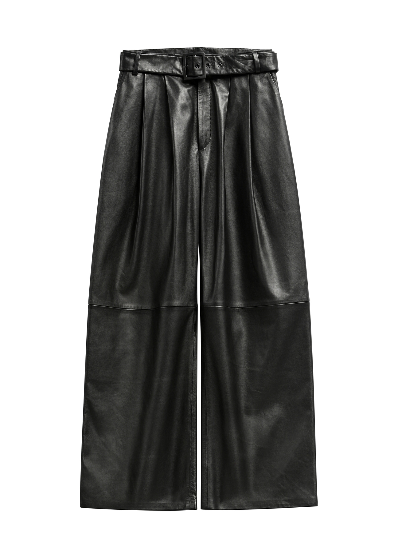Wide black leather women's trousers SPODS-0050-99(Z26), product view from the front on a white background.
