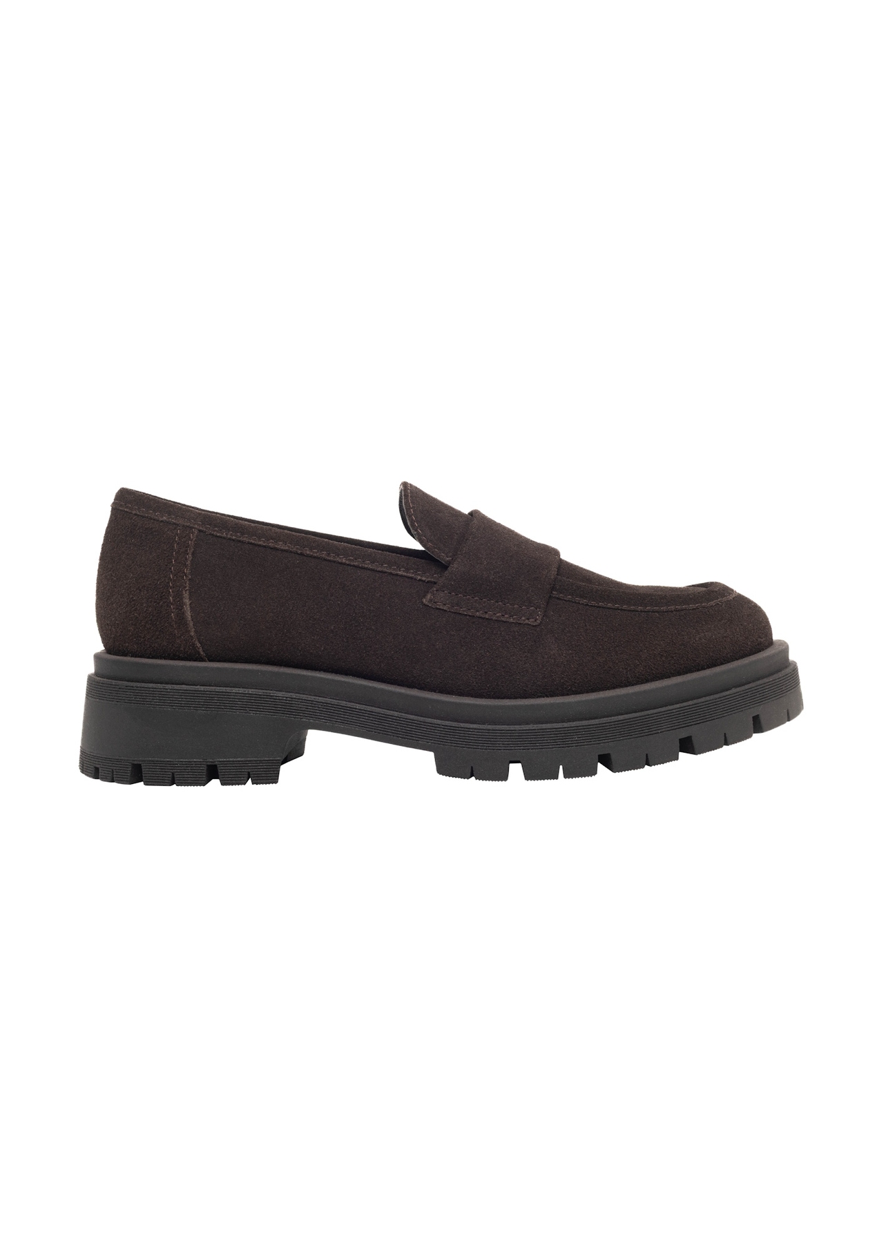 Dark brown suede women's moccasins BUTYD-1187-1I(Z26), side product view on white background.