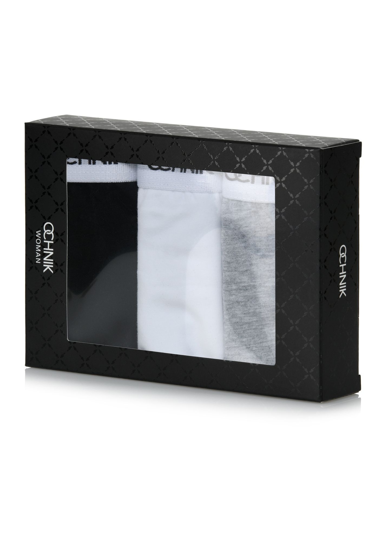 Set of women's panties in three colors ZESDS-0003-00(KS), view of the product in the packaging on a white background.
