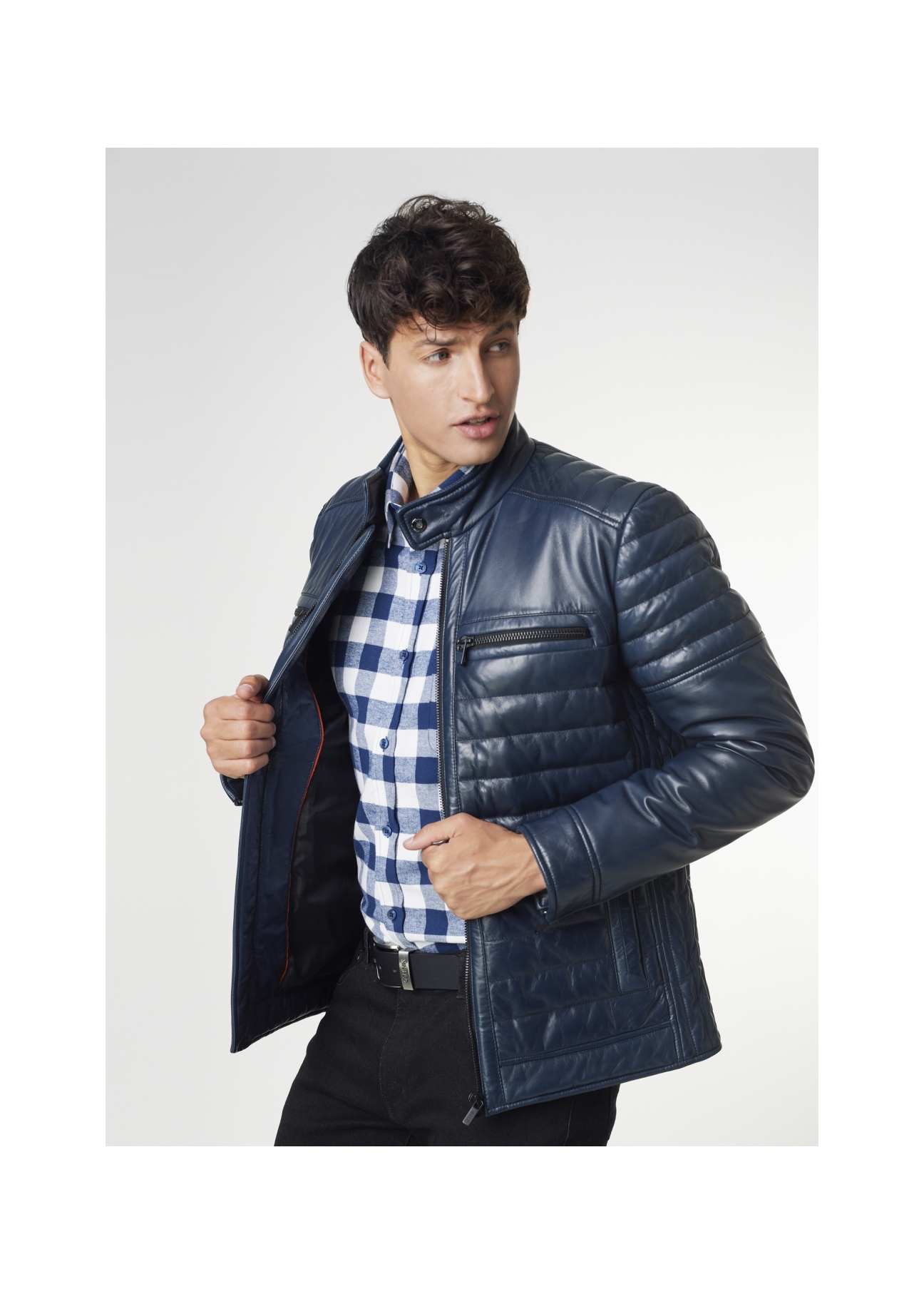 Men's navy blue glossy leather jacket KURMS-0195-4517(Z21)-02