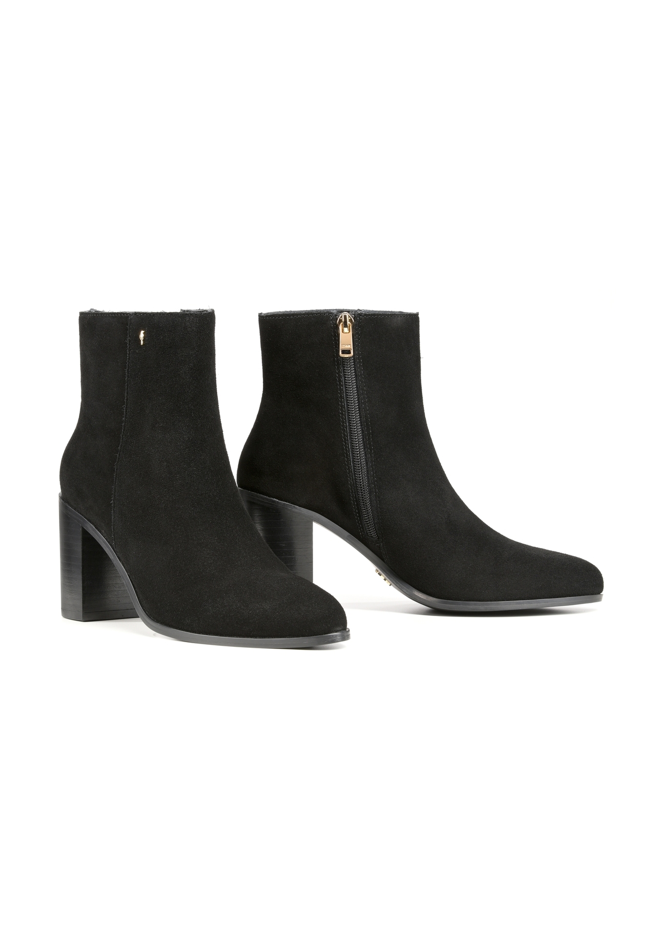 Black suede women's ankle boots BUTYD-1213-98(Z25), diagonal product view on a white background.