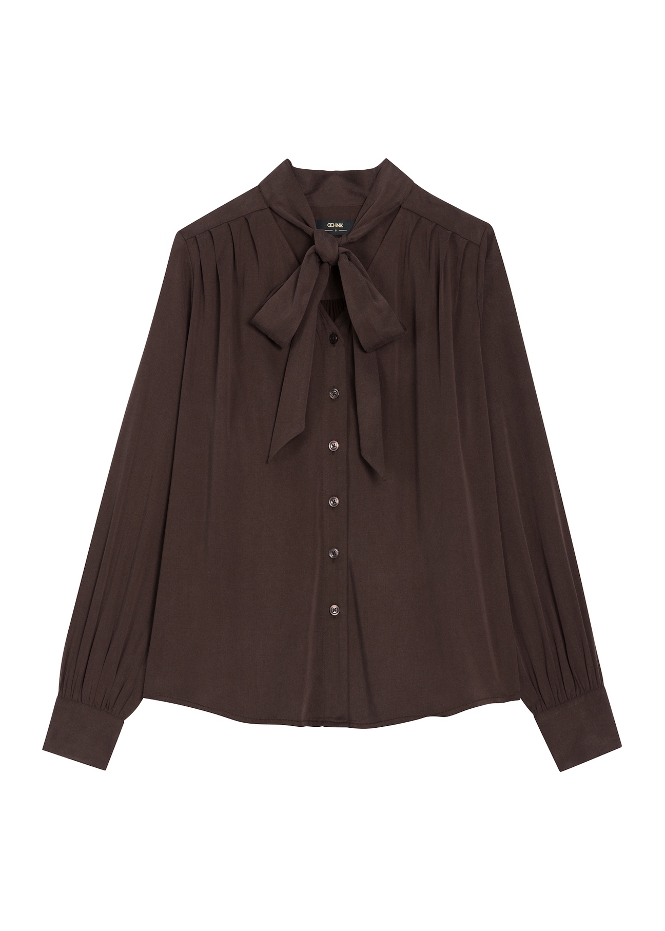 Brown women's shirt with a tie detail KOSDT-0198-1I(Z26), front view of the product on a white background.